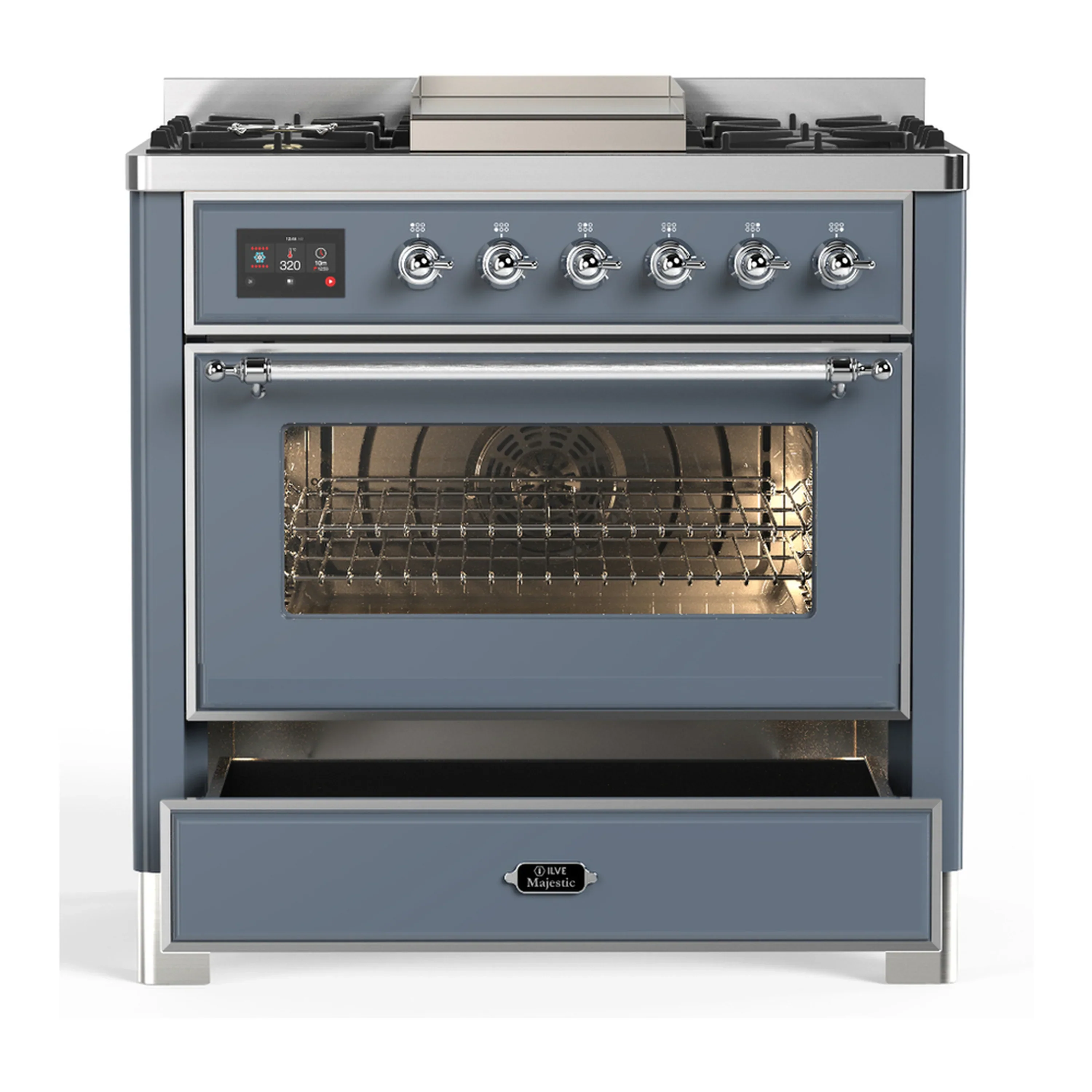 ILVE Majestic III 36-inch Dual Fuel Range with 5 Liquid Propane Burner, Griddle and Triple Glass Door Electric Oven in Blue Grey with Chrome Trim (UM36FNR3BGCLP) - Image 3
