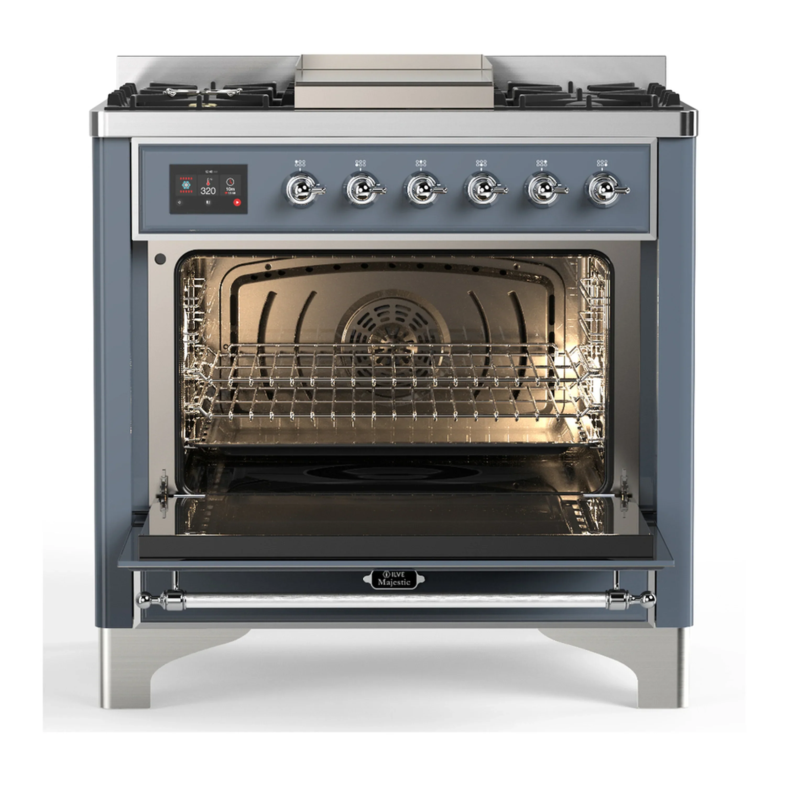 ILVE Majestic III 36-inch Dual Fuel Range with 5 Liquid Propane Burner, Griddle and Triple Glass Door Electric Oven in Blue Grey with Chrome Trim (UM36FNR3BGCLP) - Image 4