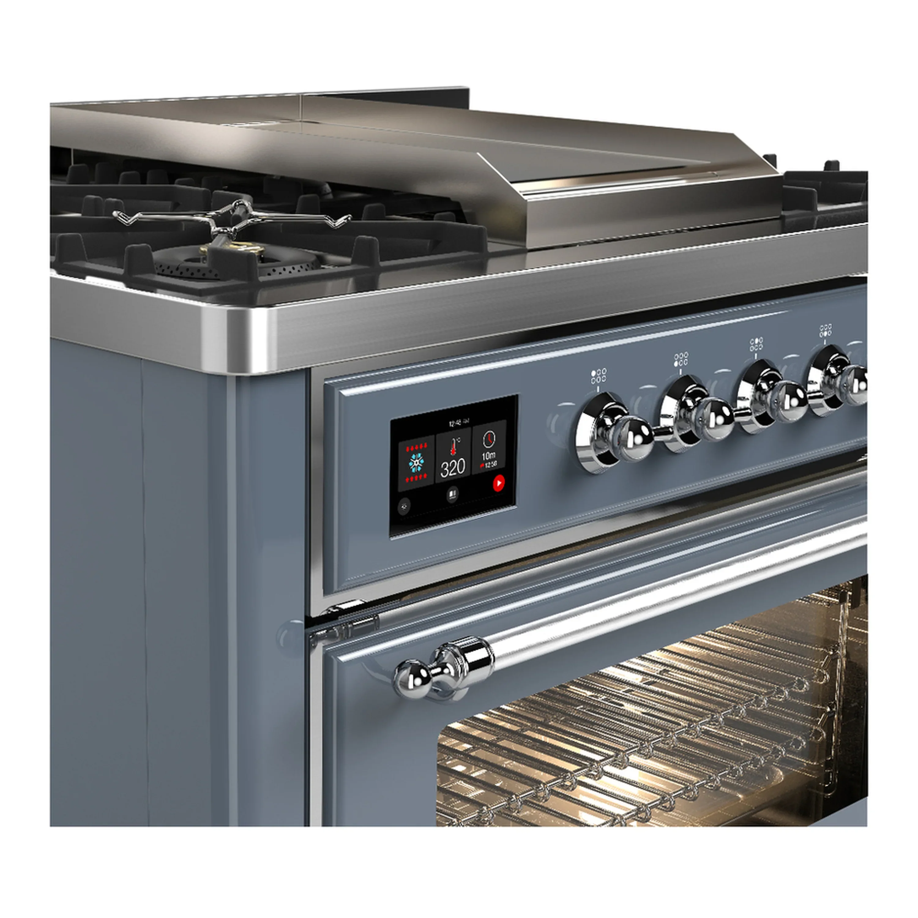 ILVE Majestic III 36-inch Dual Fuel Range with 5 Liquid Propane Burner, Griddle and Triple Glass Door Electric Oven in Blue Grey with Chrome Trim (UM36FNR3BGCLP) - Image 5