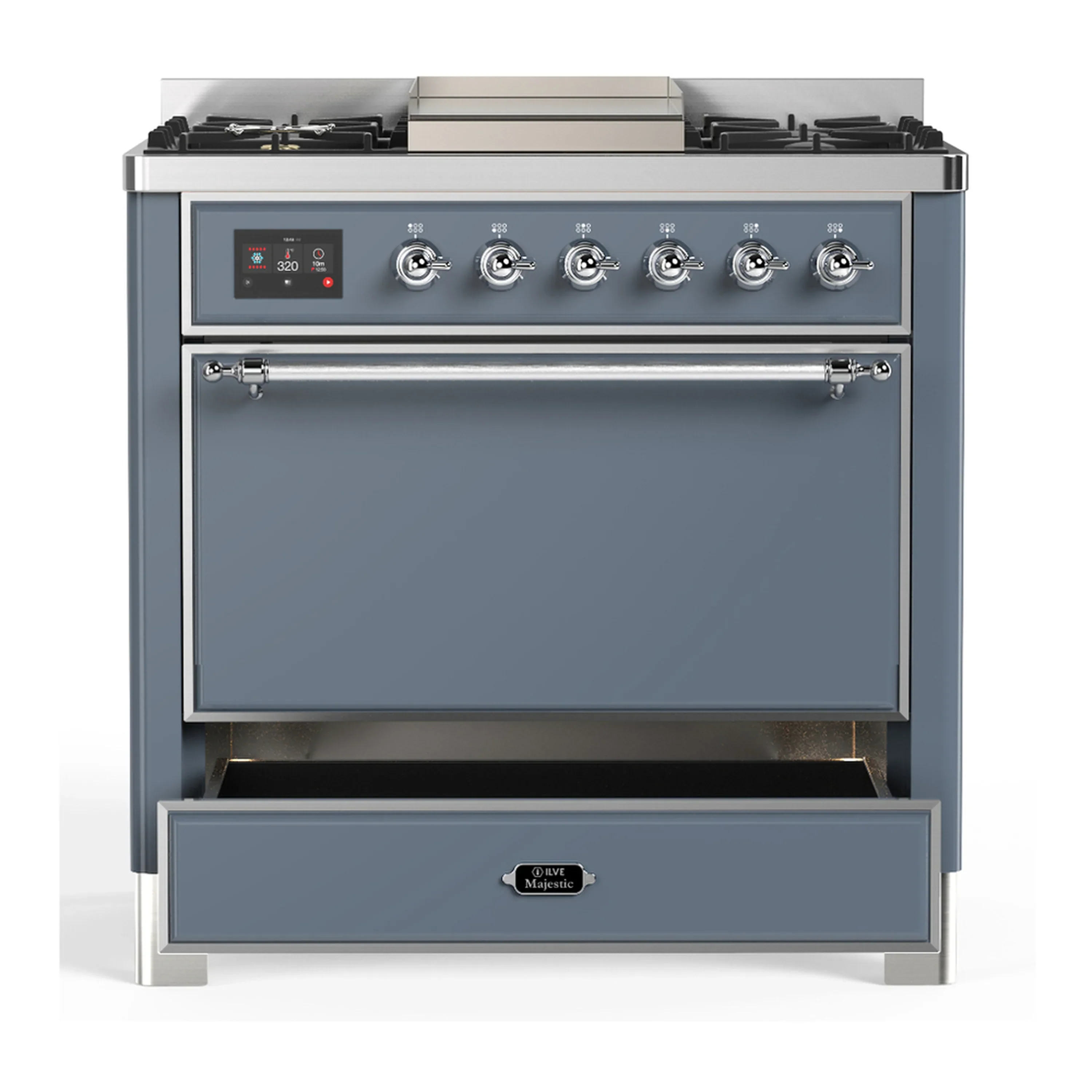 ILVE Majestic III 36-inch Dual Fuel Range with 6 Natural Gas Burner, Griddle and Solid Door Electric Oven in Blue Grey with Chrome Trim (UM36FQNR3BGC) - Image 3