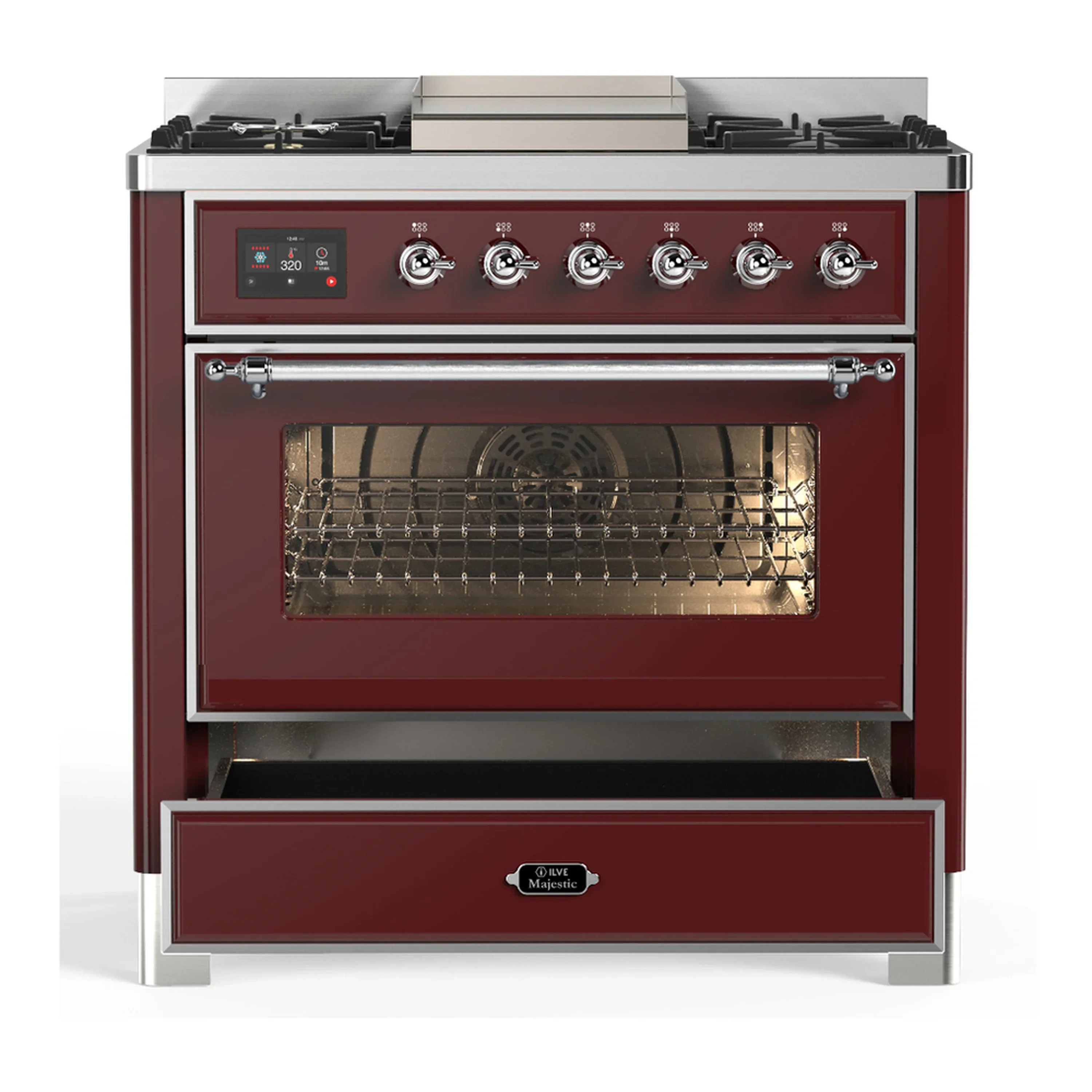 ILVE Majestic III 36-inch Dual Fuel Range with 6 Natural Gas Burner, Griddle and Triple Glass Door Electric Oven in Burgundy with Chrome Trim (UM36FNR3BUC) - Image 3