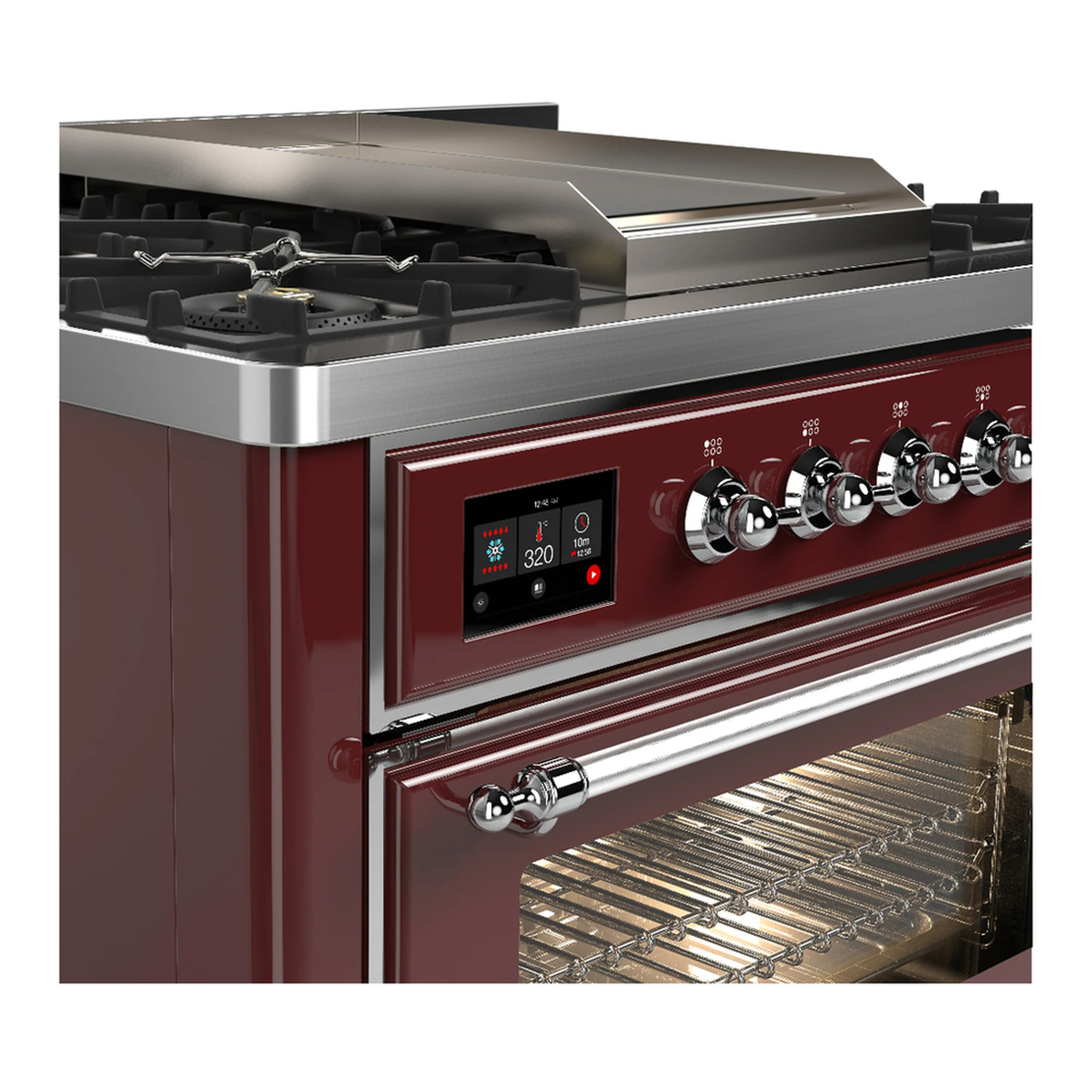 ILVE Majestic III 36-inch Dual Fuel Range with 6 Natural Gas Burner, Griddle and Triple Glass Door Electric Oven in Burgundy with Chrome Trim (UM36FNR3BUC) - Image 5