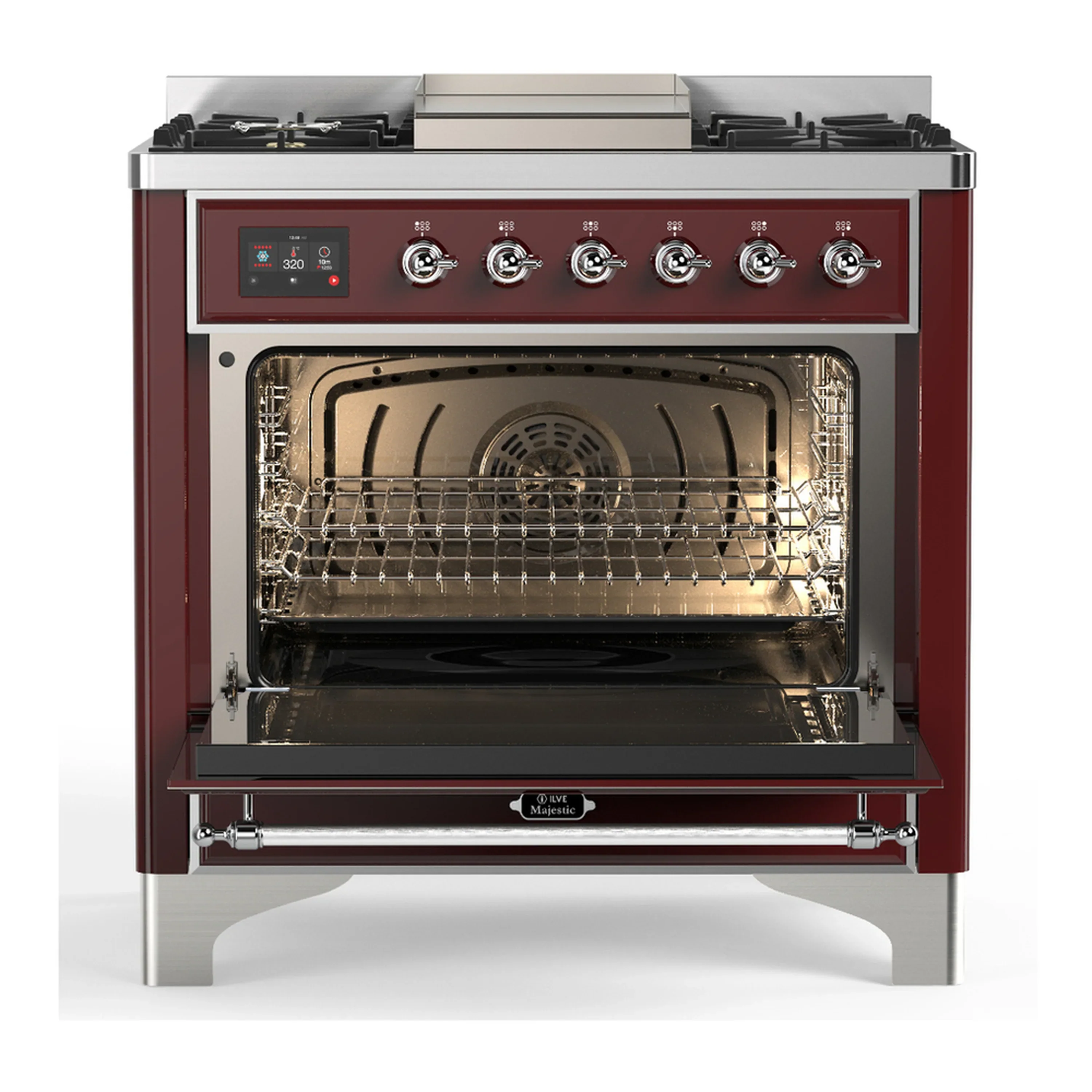 ILVE Majestic III 36-inch Dual Fuel Range with 5 Liquid Propane Burner, Griddle and Triple Glass Door Electric Oven in Burgundy with Chrome Trim (UM36FNR3BUCLP) - Image 4