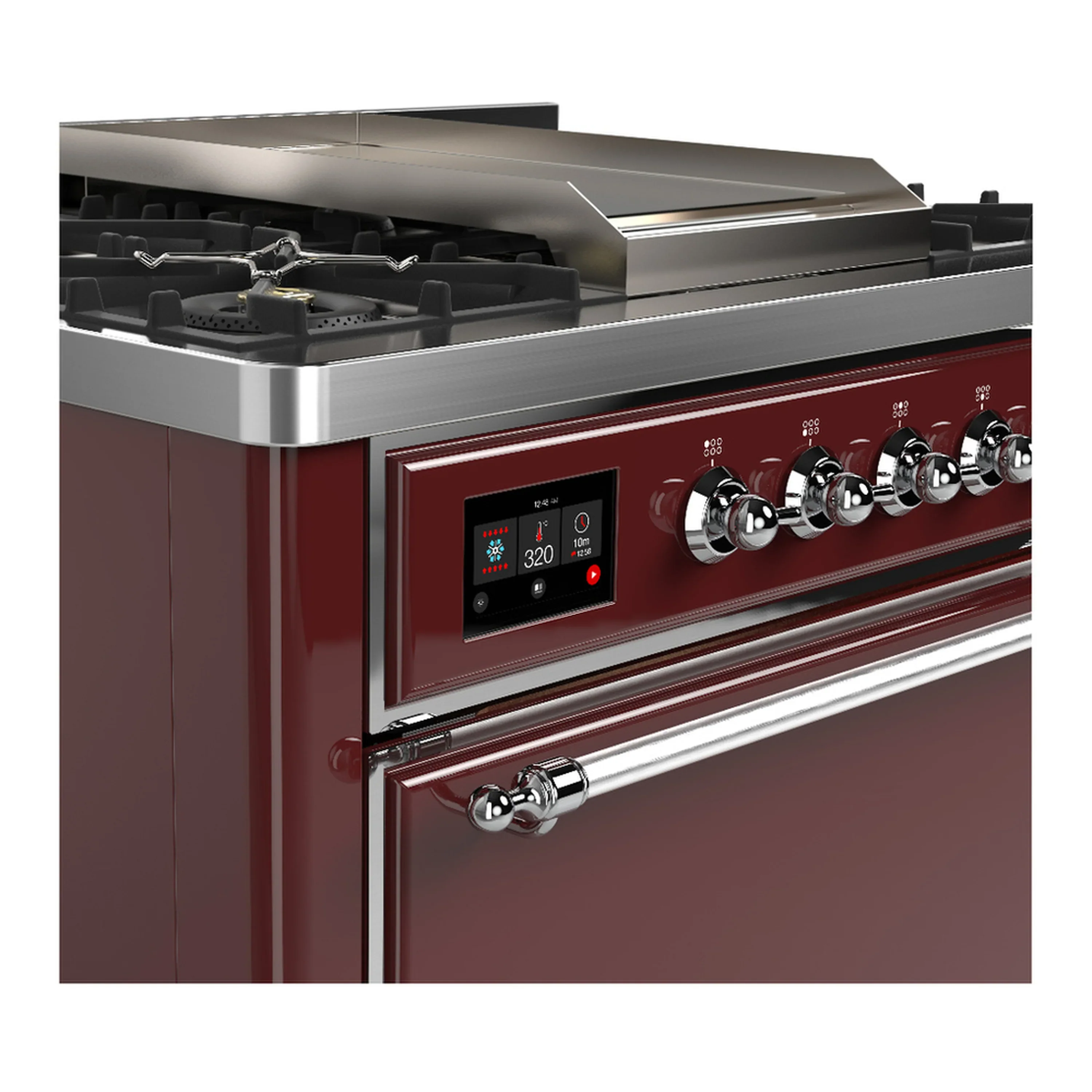 ILVE Majestic III 36-inch Dual Fuel Range with 6 Natural Gas Burner, Griddle and Solid Door Electric Oven in Burgundy with Chrome Trim (UM36FQNR3BUC) - Image 5
