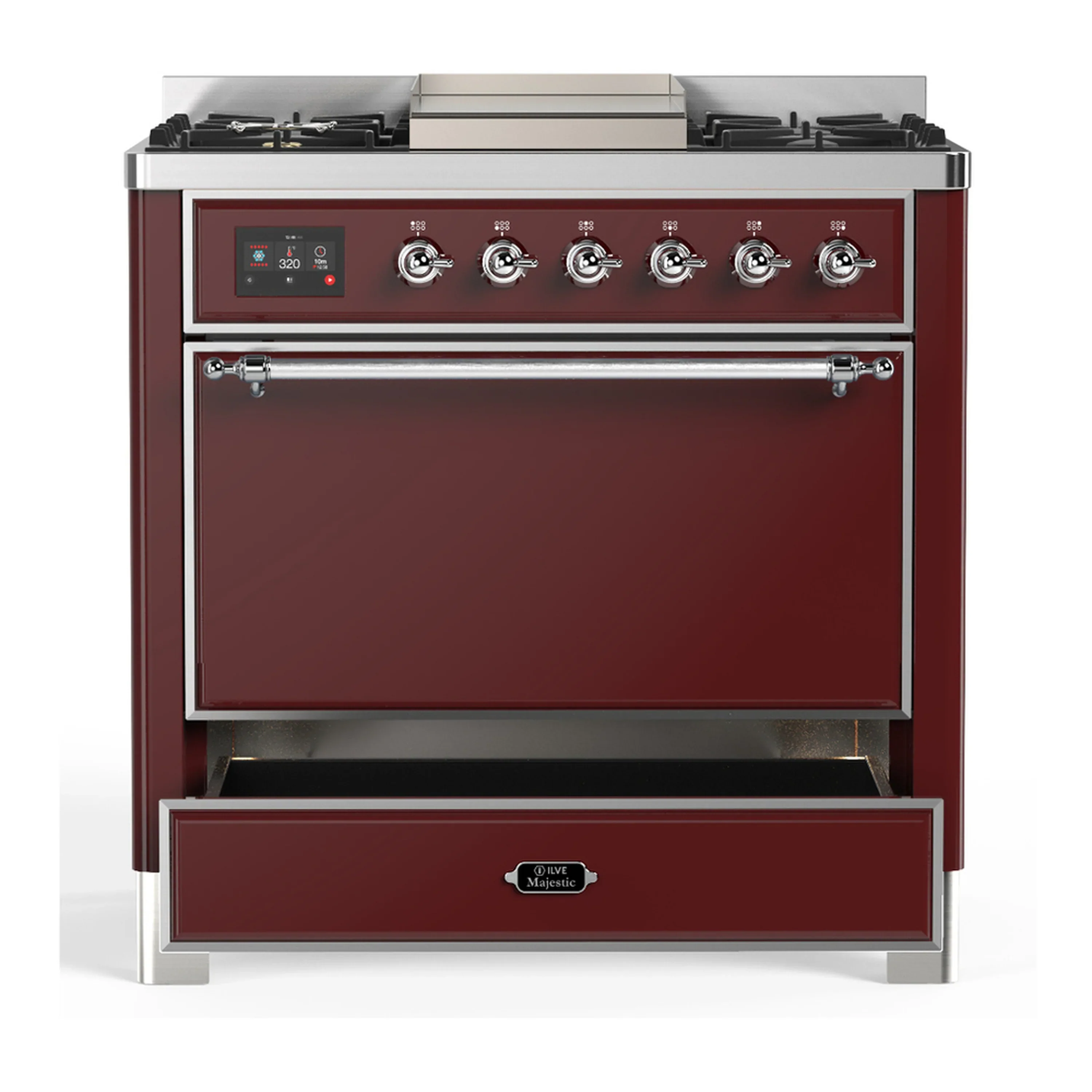 ILVE Majestic III 36-inch Dual Fuel Range with 5 Liquid Propane Burner, Griddle and Solid Door Electric Oven in Burgundy with Chrome Trim (UM36FQNR3BUCLP) - Image 3