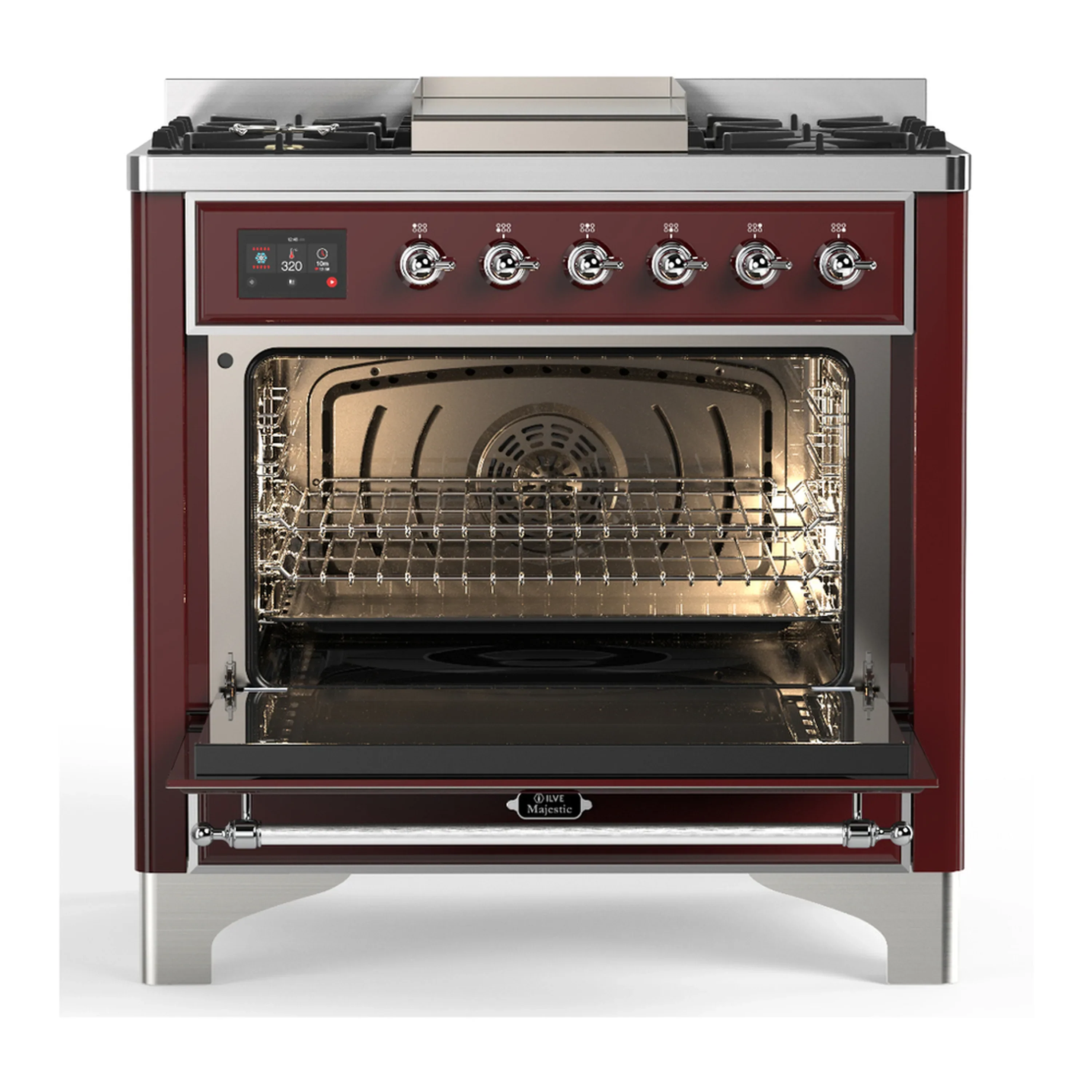 ILVE Majestic III 36-inch Dual Fuel Range with 5 Liquid Propane Burner, Griddle and Solid Door Electric Oven in Burgundy with Chrome Trim (UM36FQNR3BUCLP) - Image 4
