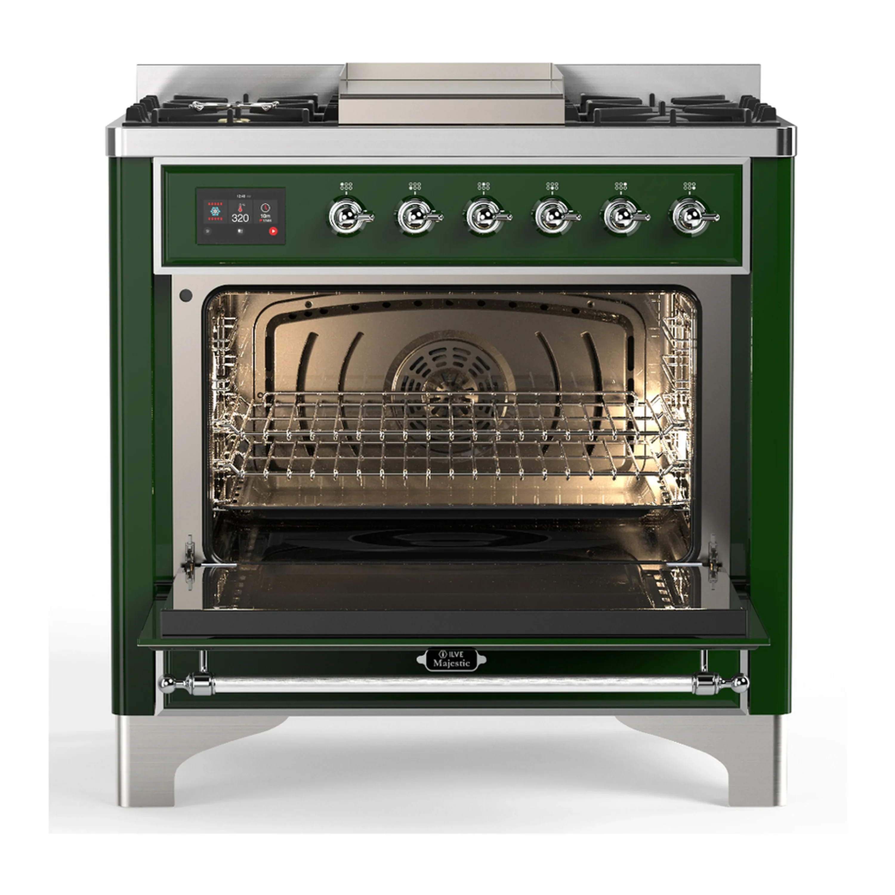 ILVE Majestic III 36-inch Dual Fuel Range with 6 Natural Gas Burner, Griddle and Triple Glass Door Electric Oven in Emerald Green with Chrome Trim (UM36FNR3EGC) - Image 4