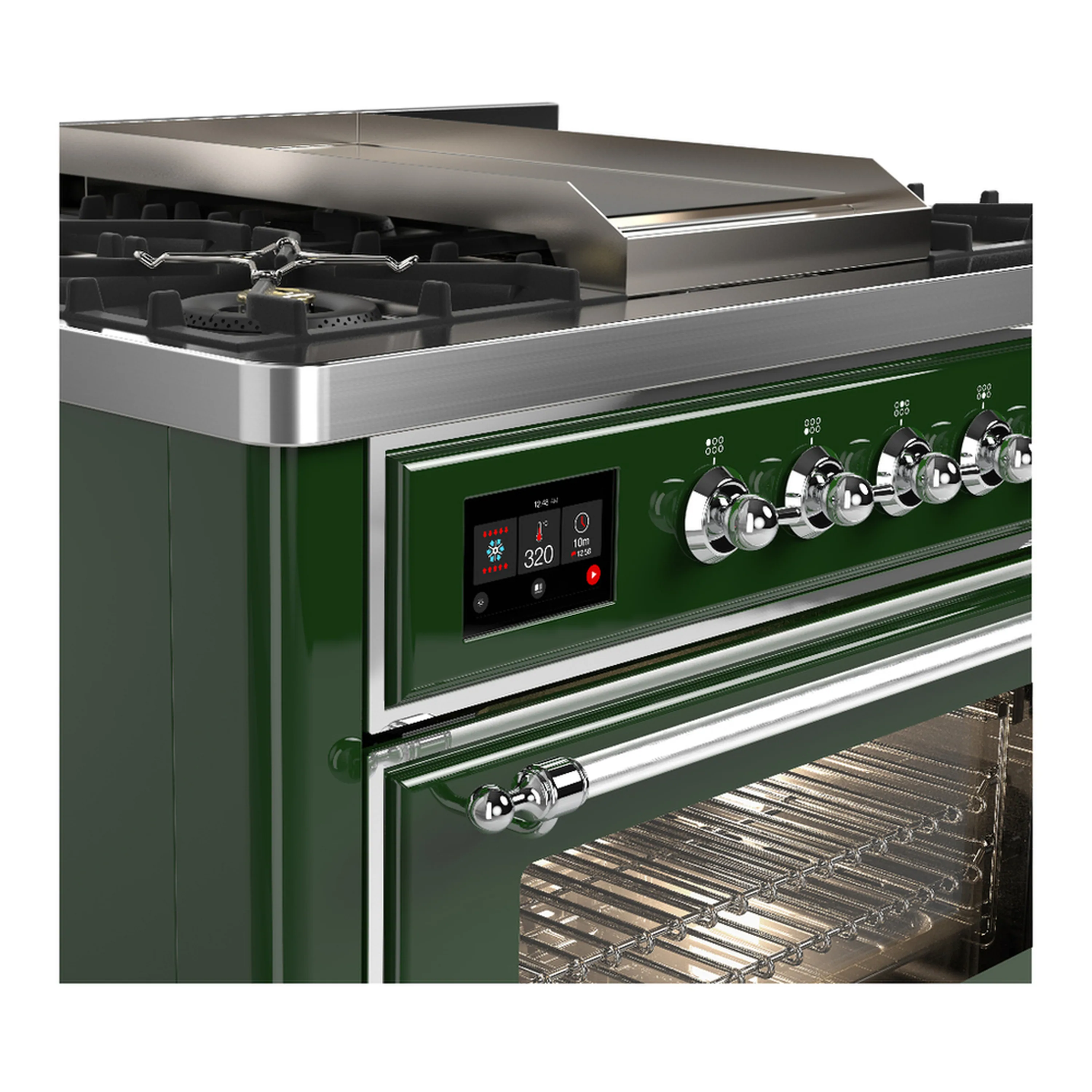 ILVE Majestic III 36-inch Dual Fuel Range with 6 Natural Gas Burner, Griddle and Triple Glass Door Electric Oven in Emerald Green with Chrome Trim (UM36FNR3EGC) - Image 5