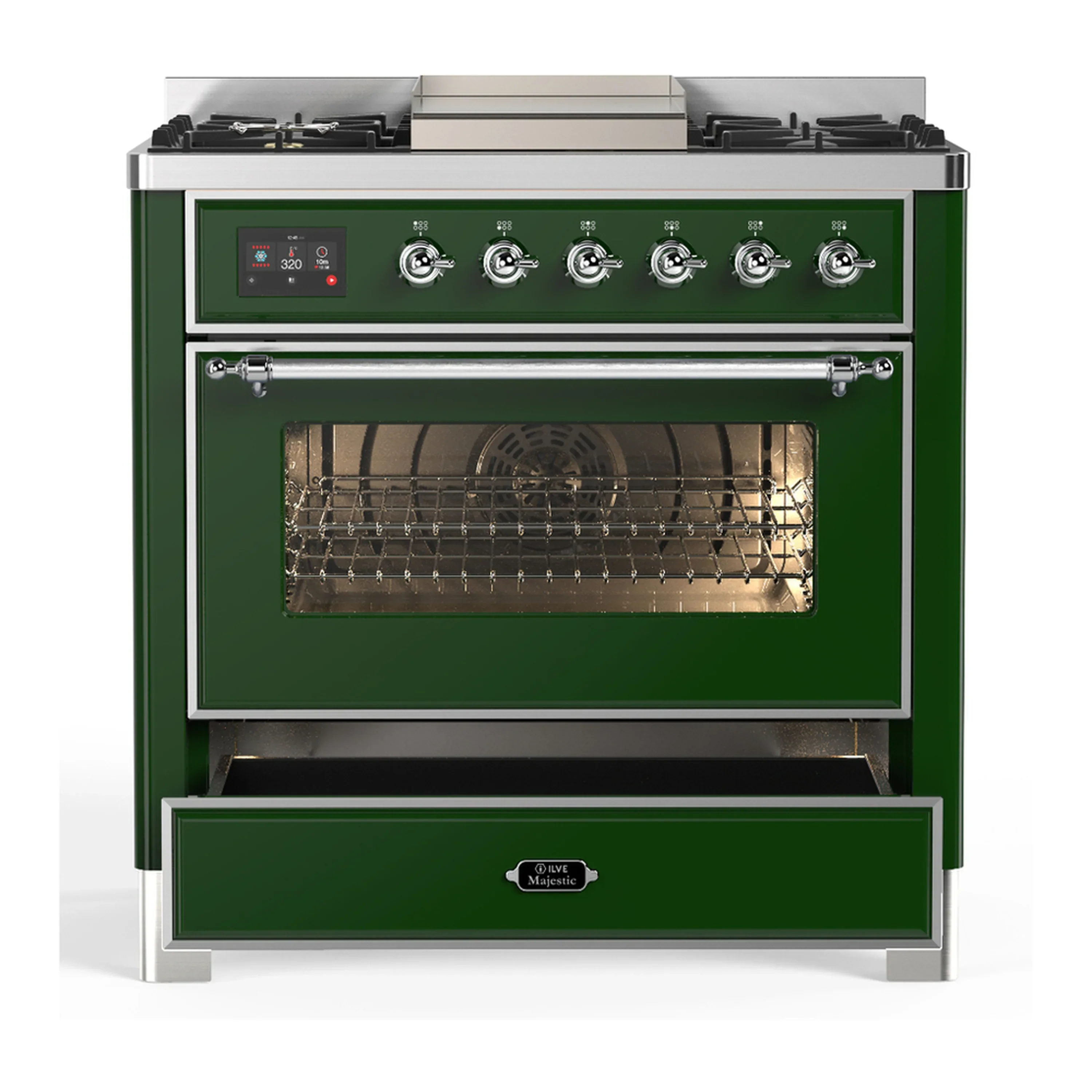 ILVE Majestic III 36-inch Dual Fuel Range with 5 Liquid Propane Burner, Griddle and Triple Glass Door Electric Oven in Emerald Green with Chrome Trim (UM36FNR3EGCLP) - Image 3