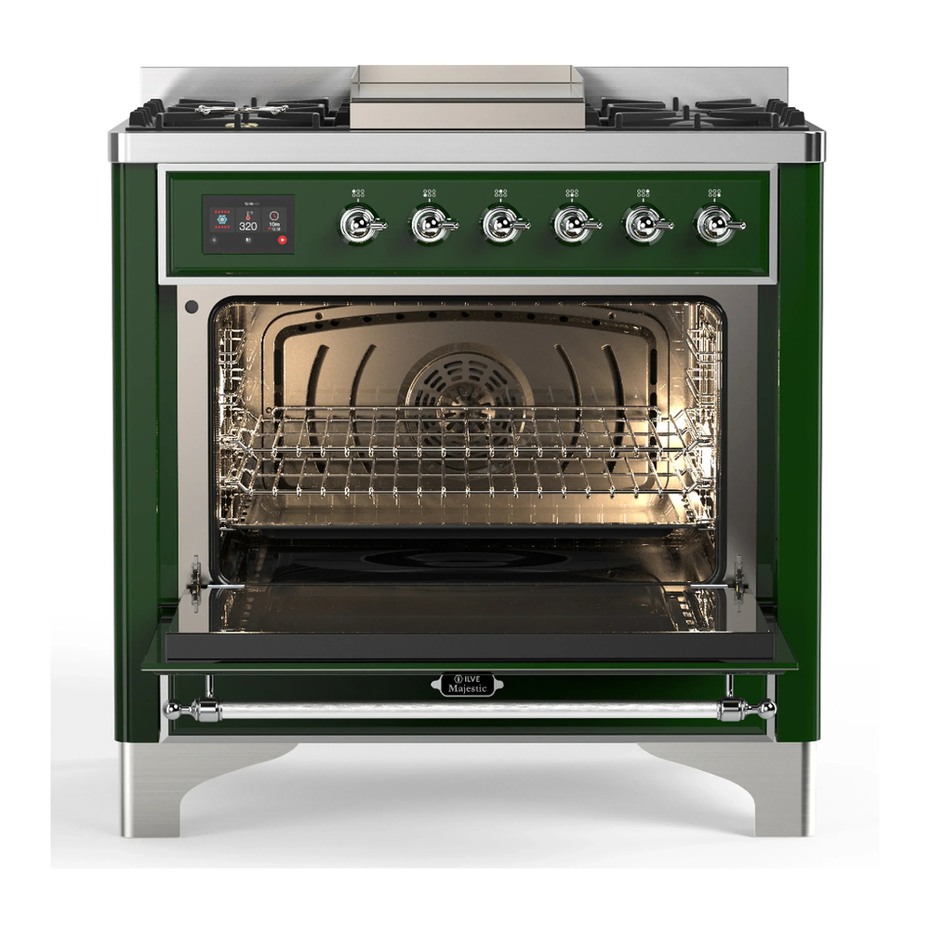 ILVE Majestic III 36-inch Dual Fuel Range with 6 Natural Gas Burner, Griddle and Solid Door Electric Oven in Emerald Green with Chrome Trim (UM36FQNR3EGC) - Image 4