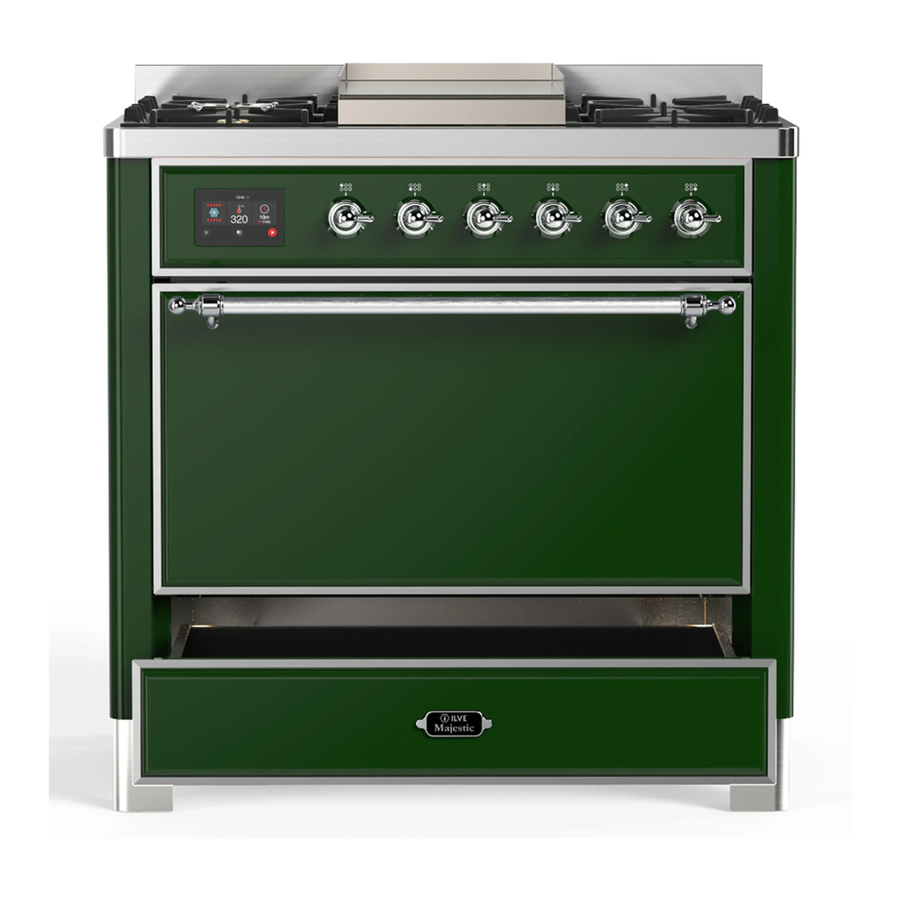 ILVE Majestic III 36-inch Dual Fuel Range with 5 Liquid Propane Burner, Griddle and Solid Door Electric Oven in Emerald Green with Chrome Trim (UM36FQNR3EGCLP) - Image 3