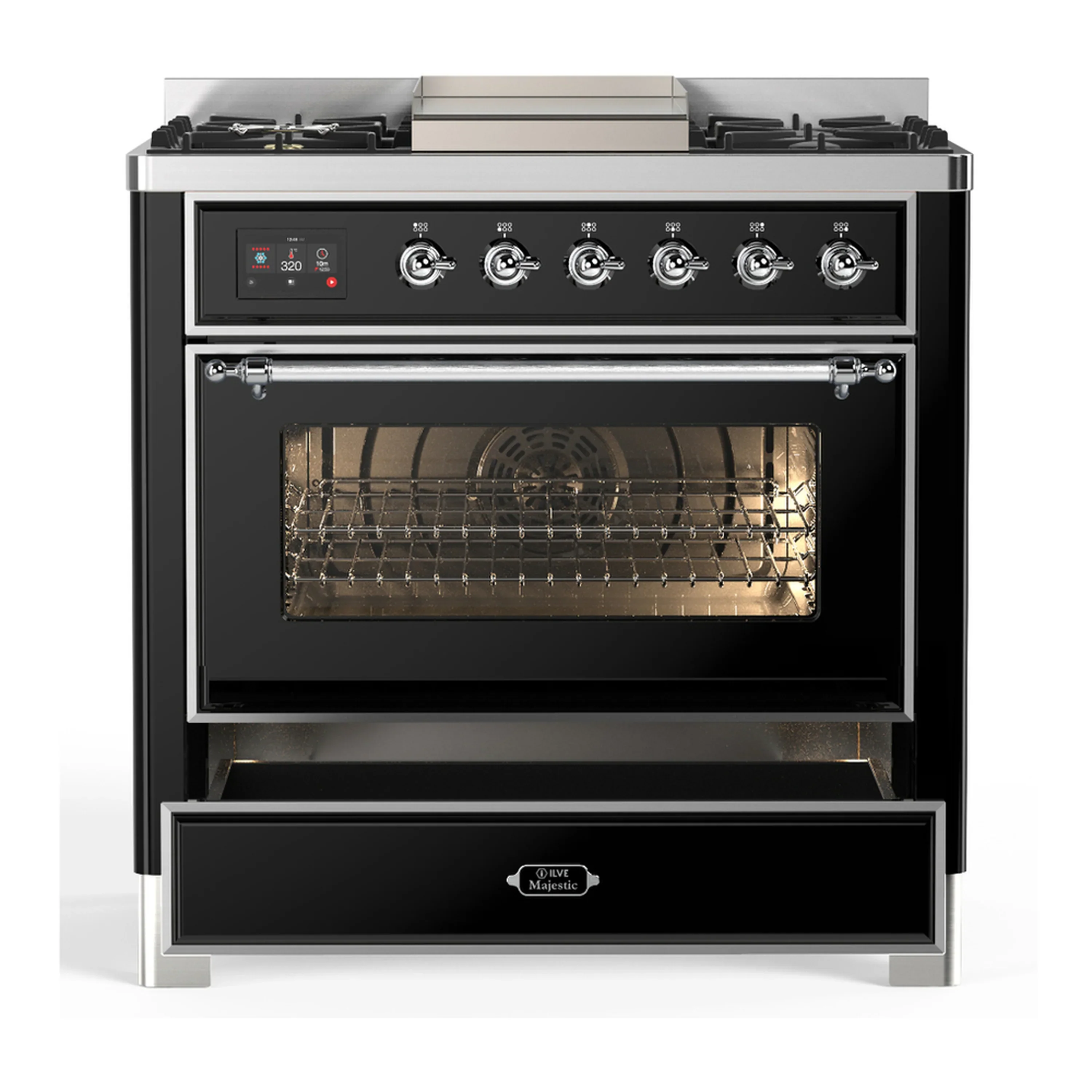 ILVE Majestic III 36-inch Dual Fuel Range with 6 Natural Gas Burner, Griddle and Triple Glass Door Electric Oven in Glossy Black with Chrome Trim (UM36FNR3BKC) - Image 3