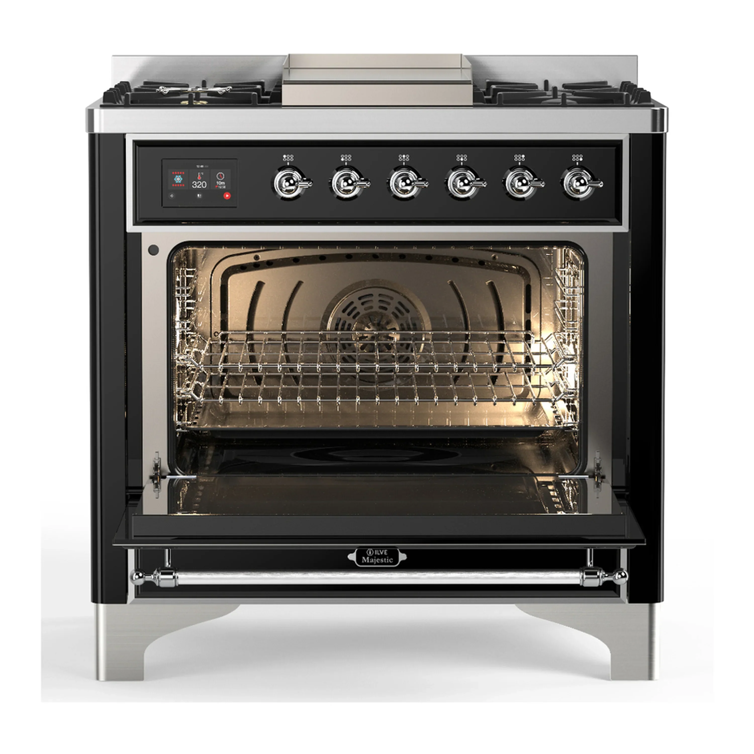 ILVE Majestic III 36-inch Dual Fuel Range with 5 Liquid Propane Burner, Griddle and Triple Glass Door Electric Oven in Glossy Black with Chrome Trim (UM36FNR3BKCLP) - Image 4