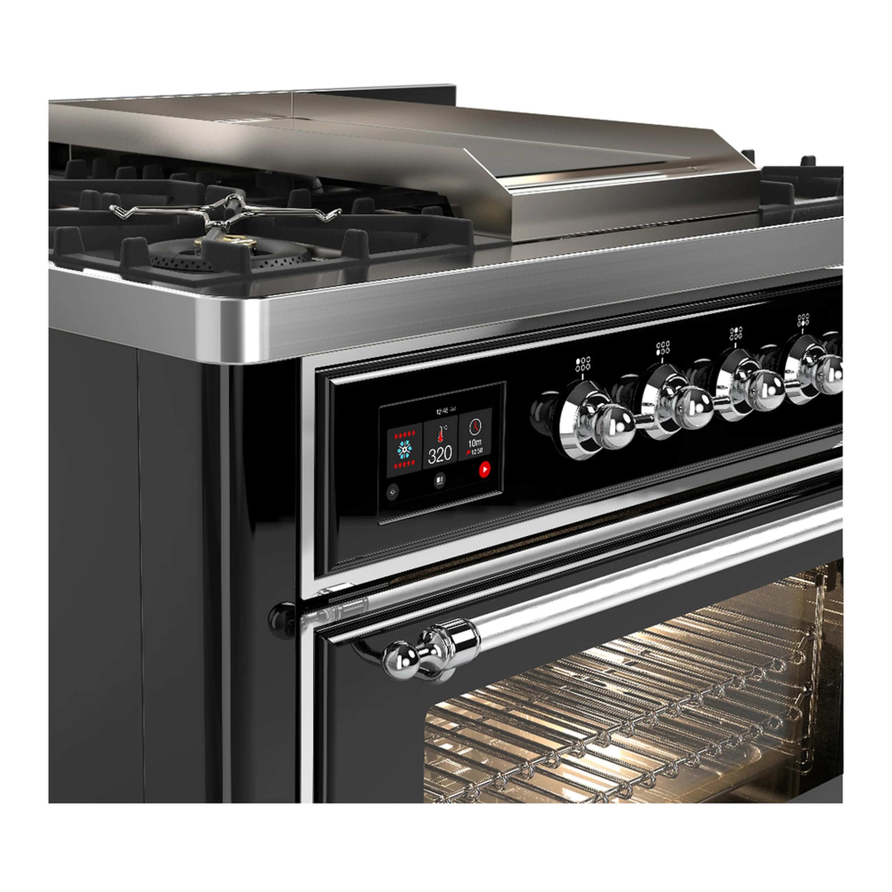 ILVE Majestic III 36-inch Dual Fuel Range with 5 Liquid Propane Burner, Griddle and Triple Glass Door Electric Oven in Glossy Black with Chrome Trim (UM36FNR3BKCLP) - Image 5