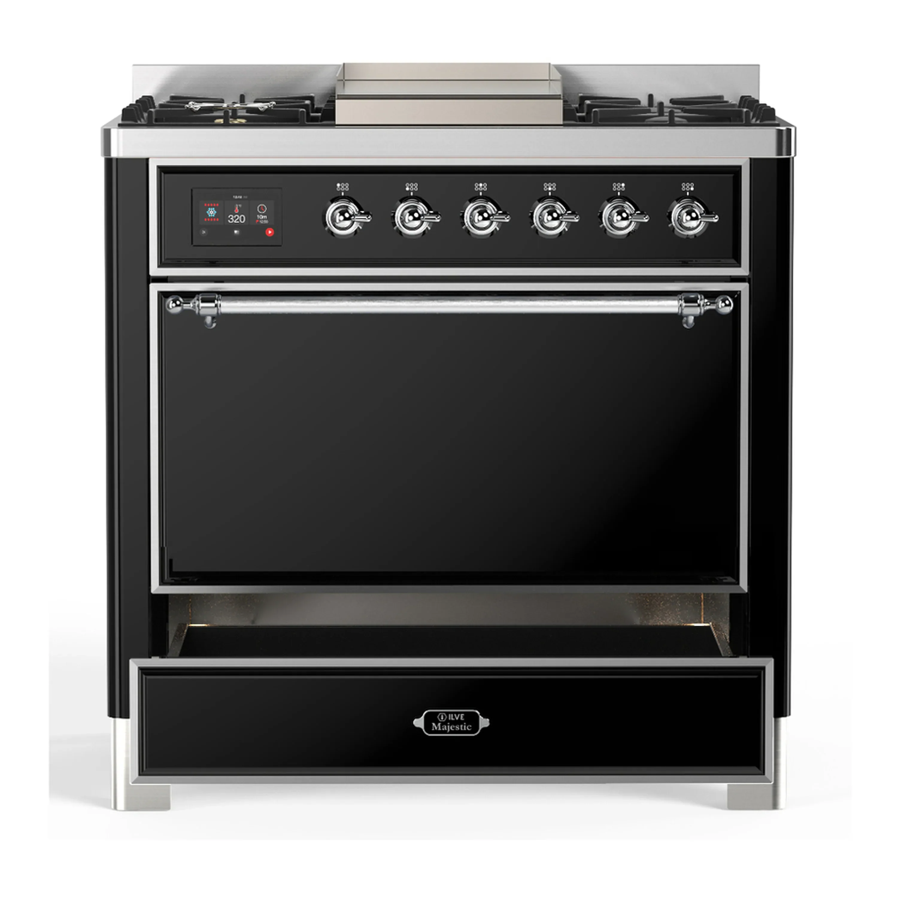 ILVE Majestic III 36-inch Dual Fuel Range with 5 Liquid Propane Burner, Griddle and Solid Door Electric Oven in Glossy Black with Chrome Trim (UM36FQNR3BKCLP) - Image 3