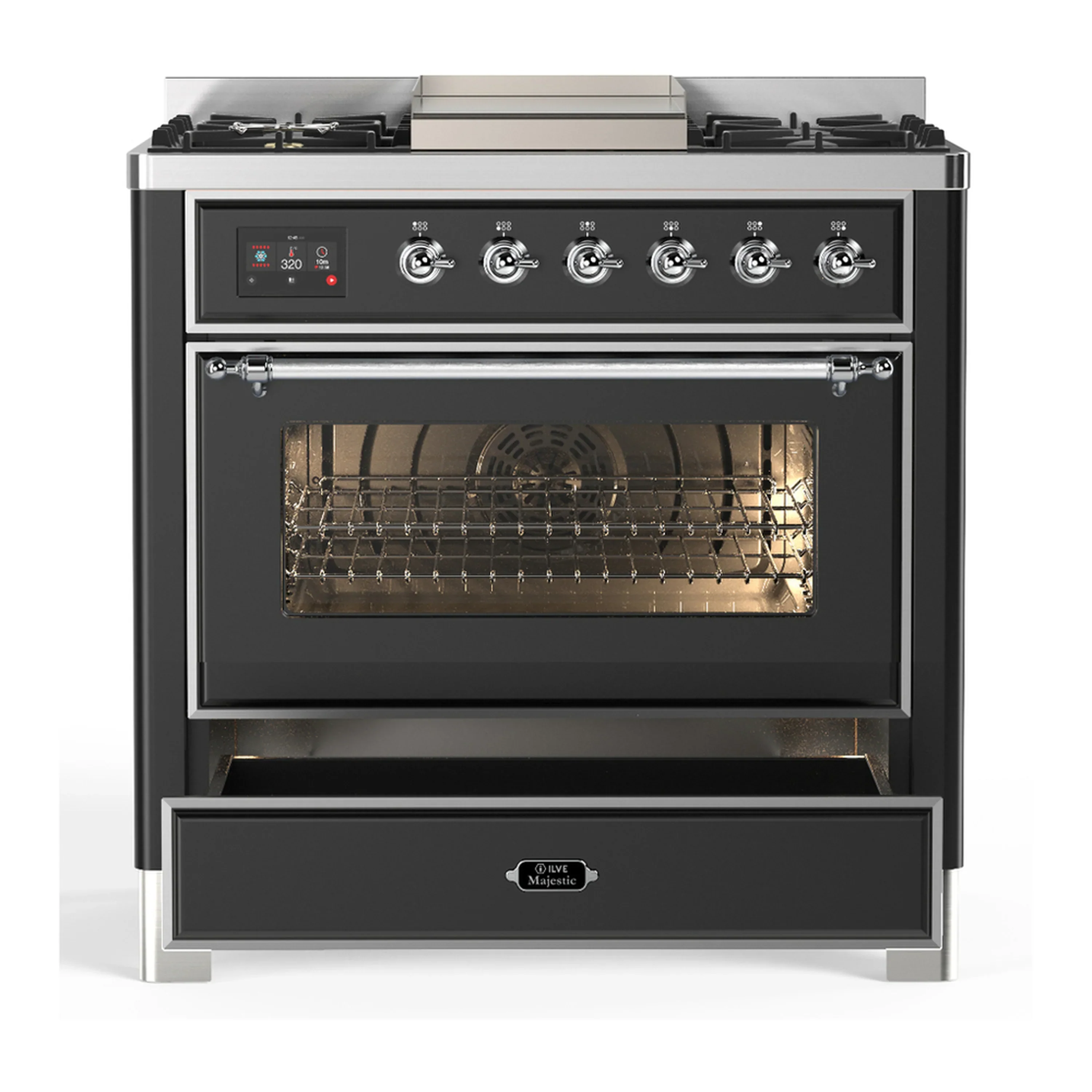 ILVE Majestic III 36-inch Dual Fuel Range with 6 Natural Gas Burner, Griddle and Triple Glass Door Electric Oven in Graphite Matte with Chrome Trim (UM36FNR3MGC) - Image 3
