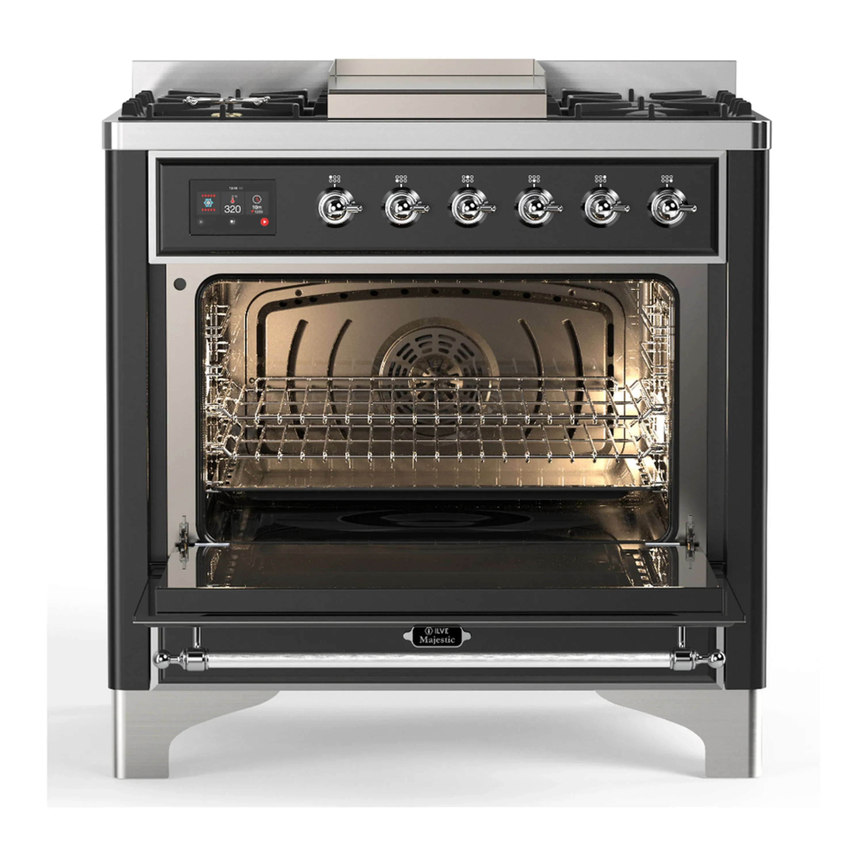 ILVE Majestic III 36-inch Dual Fuel Range with 6 Natural Gas Burner, Griddle and Triple Glass Door Electric Oven in Graphite Matte with Chrome Trim (UM36FNR3MGC) - Image 4