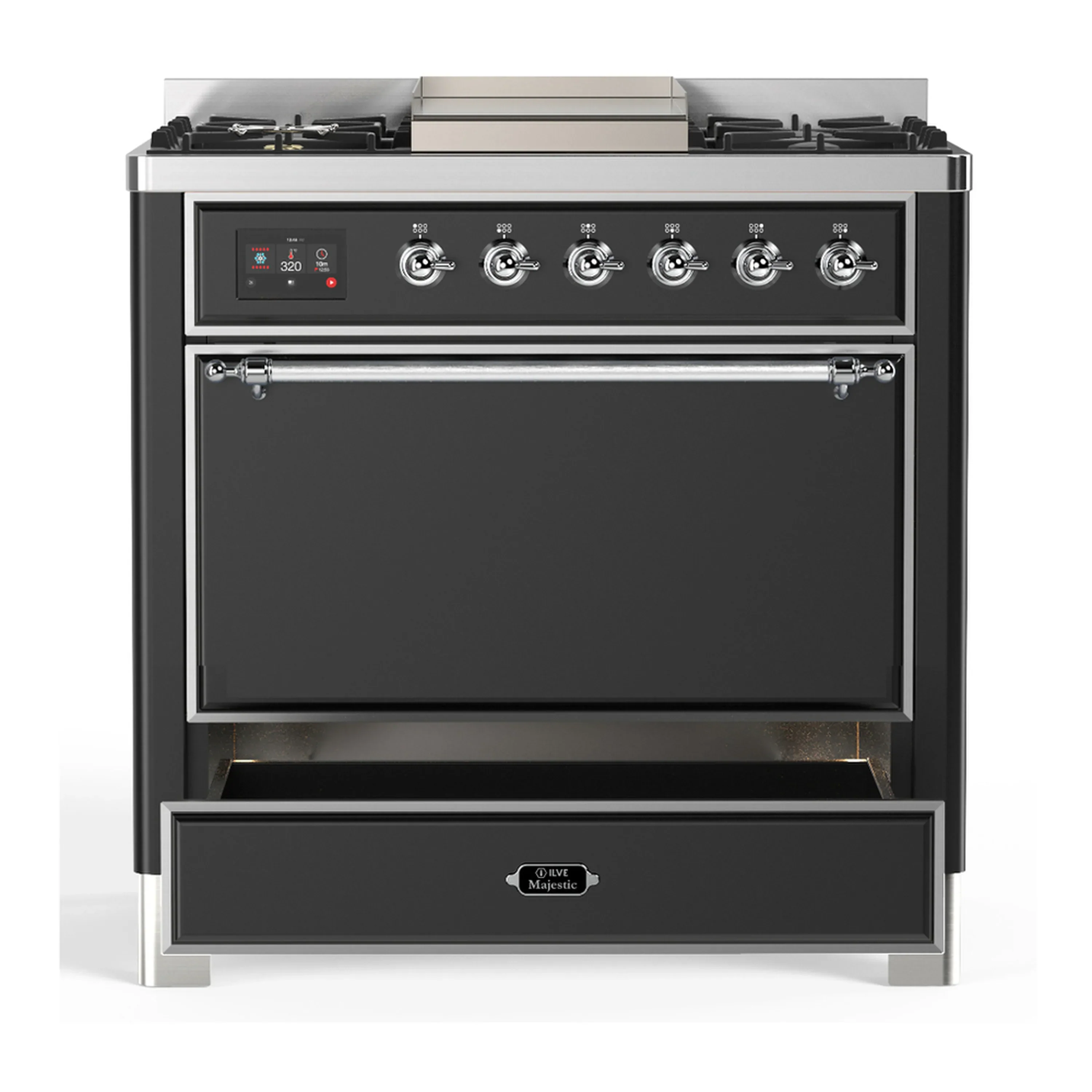 ILVE Majestic III 36-inch Dual Fuel Range with 6 Natural Gas Burner, Griddle and Solid Door Electric Oven in Graphite Matte with Chrome Trim (UM36FQNR3MGC) - Image 3
