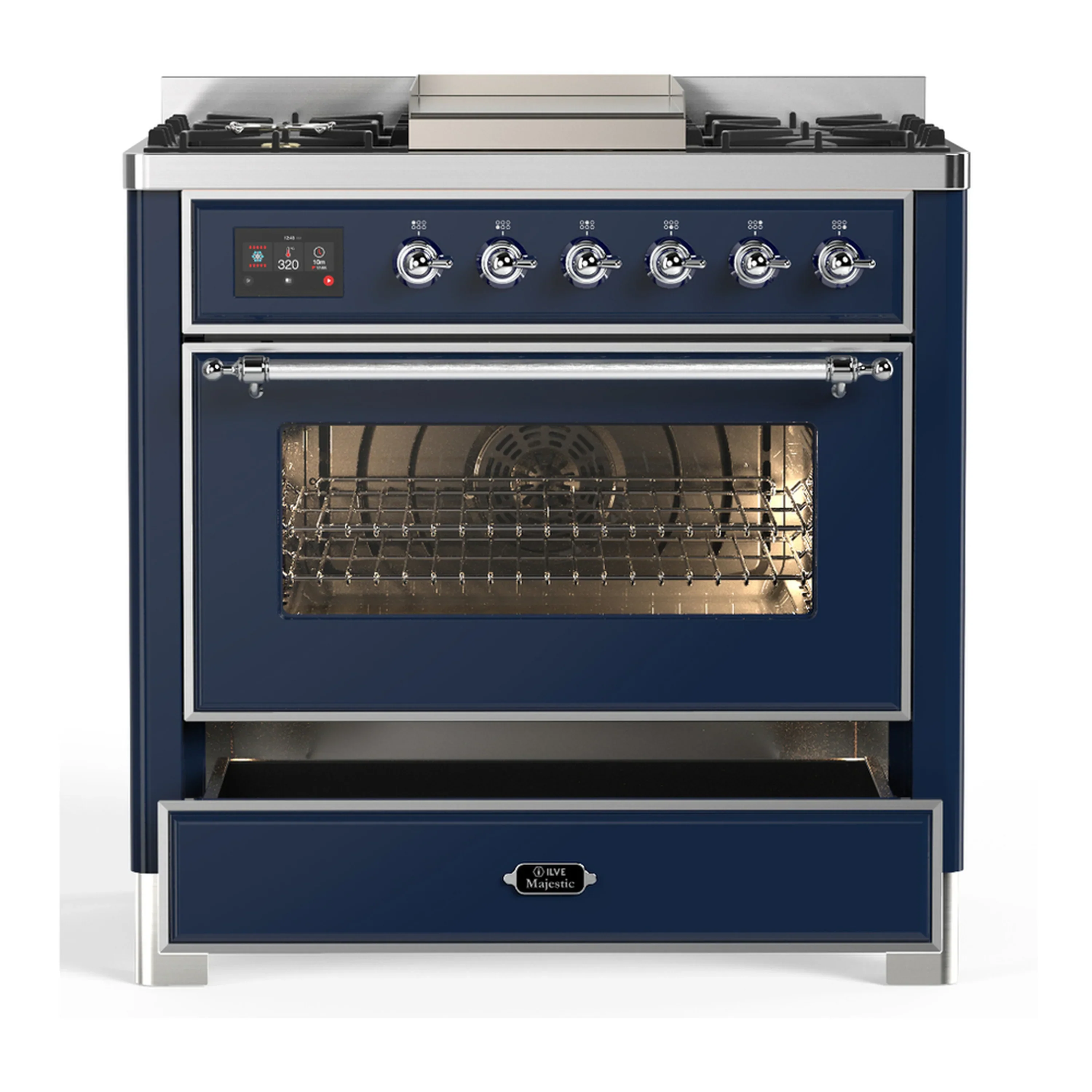 ILVE Majestic III 36-inch Dual Fuel Range with 6 Natural Gas Burner, Griddle and Triple Glass Door Electric Oven in Midnight Blue with Chrome Trim (UM36FNR3MBC) - Image 3