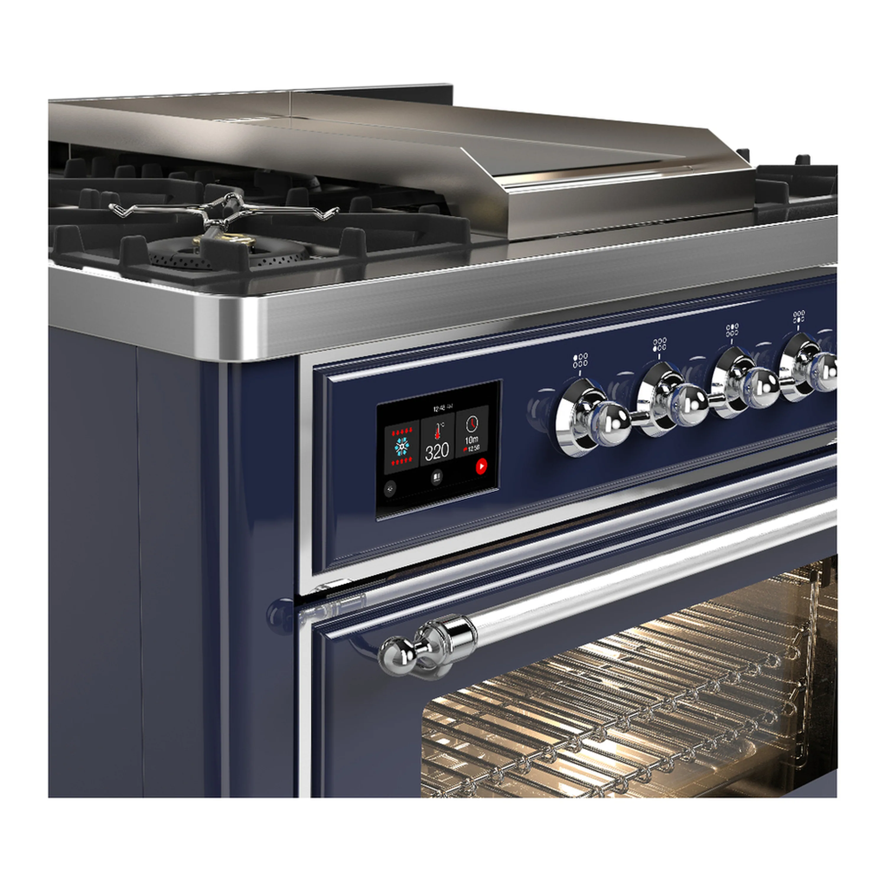 ILVE Majestic III 36-inch Dual Fuel Range with 6 Natural Gas Burner, Griddle and Triple Glass Door Electric Oven in Midnight Blue with Chrome Trim (UM36FNR3MBC) - Image 5