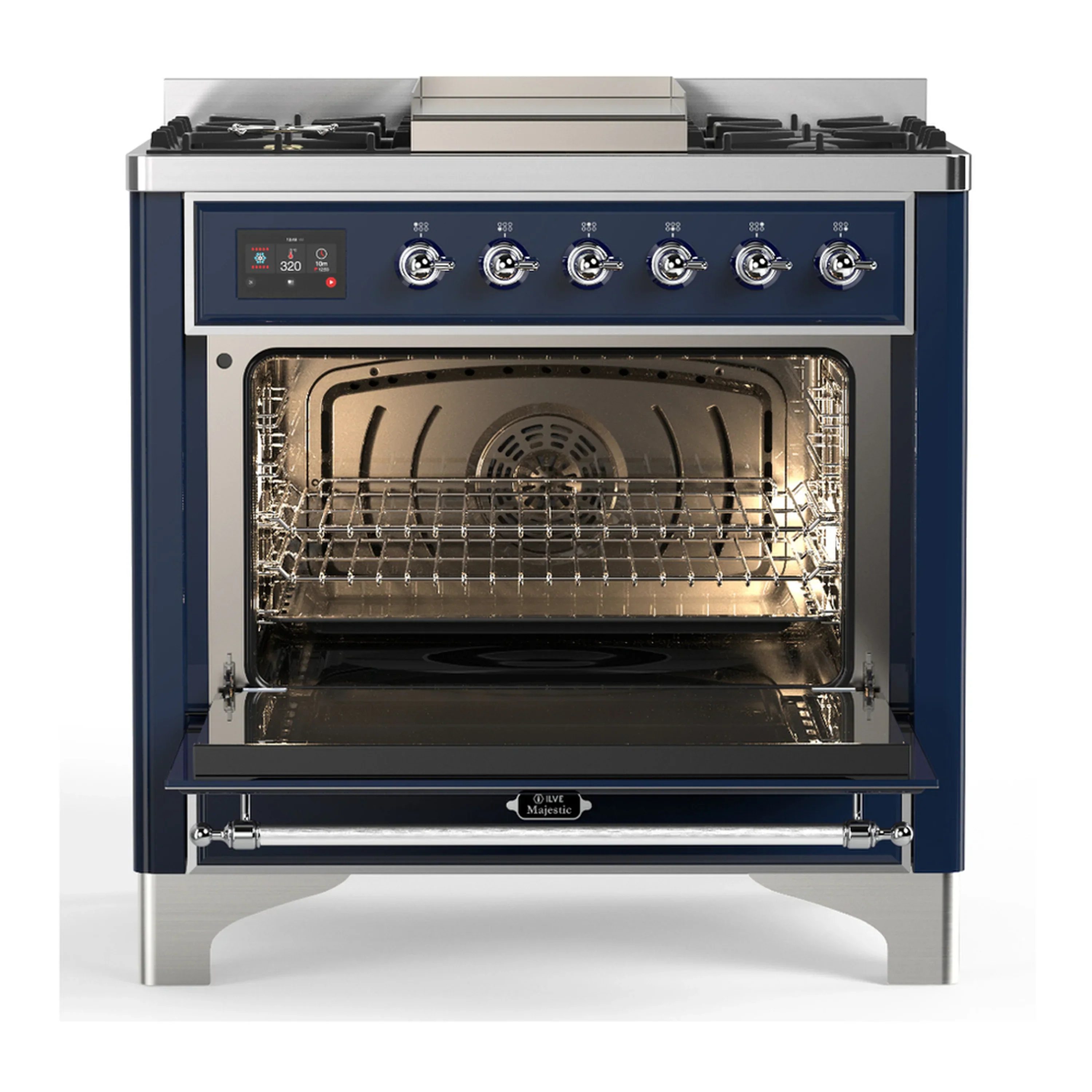 ILVE Majestic III 36-inch Dual Fuel Range with 5 Liquid Propane Burner, Griddle and Triple Glass Door Electric Oven in Midnight Blue with Chrome Trim (UM36FNR3MBCLP) - Image 4