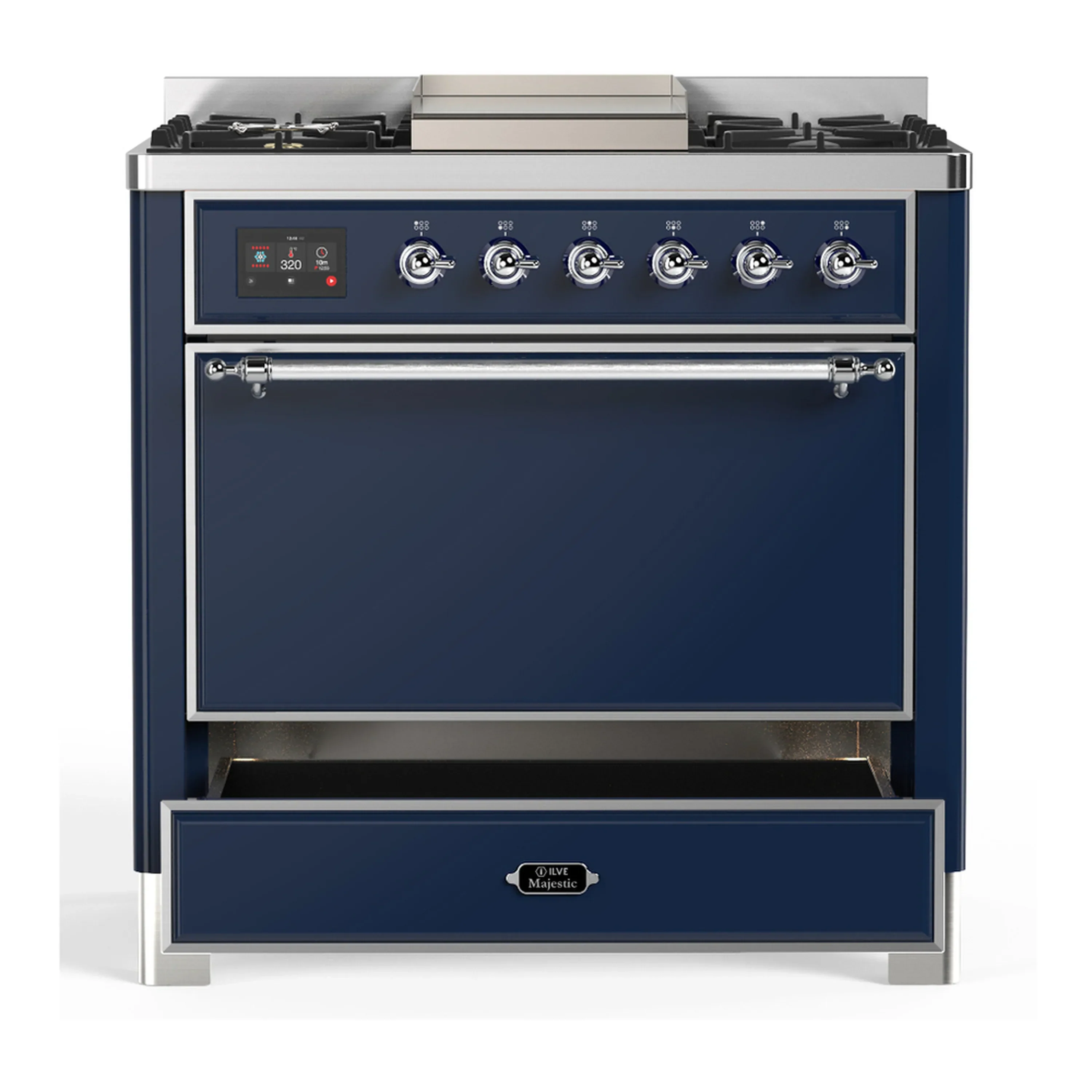ILVE Majestic III 36-inch Dual Fuel Range with 6 Natural Gas Burner, Griddle and Solid Door Electric Oven in Midnight Blue with Chrome Trim (UM36FQNR3MBC) - Image 3