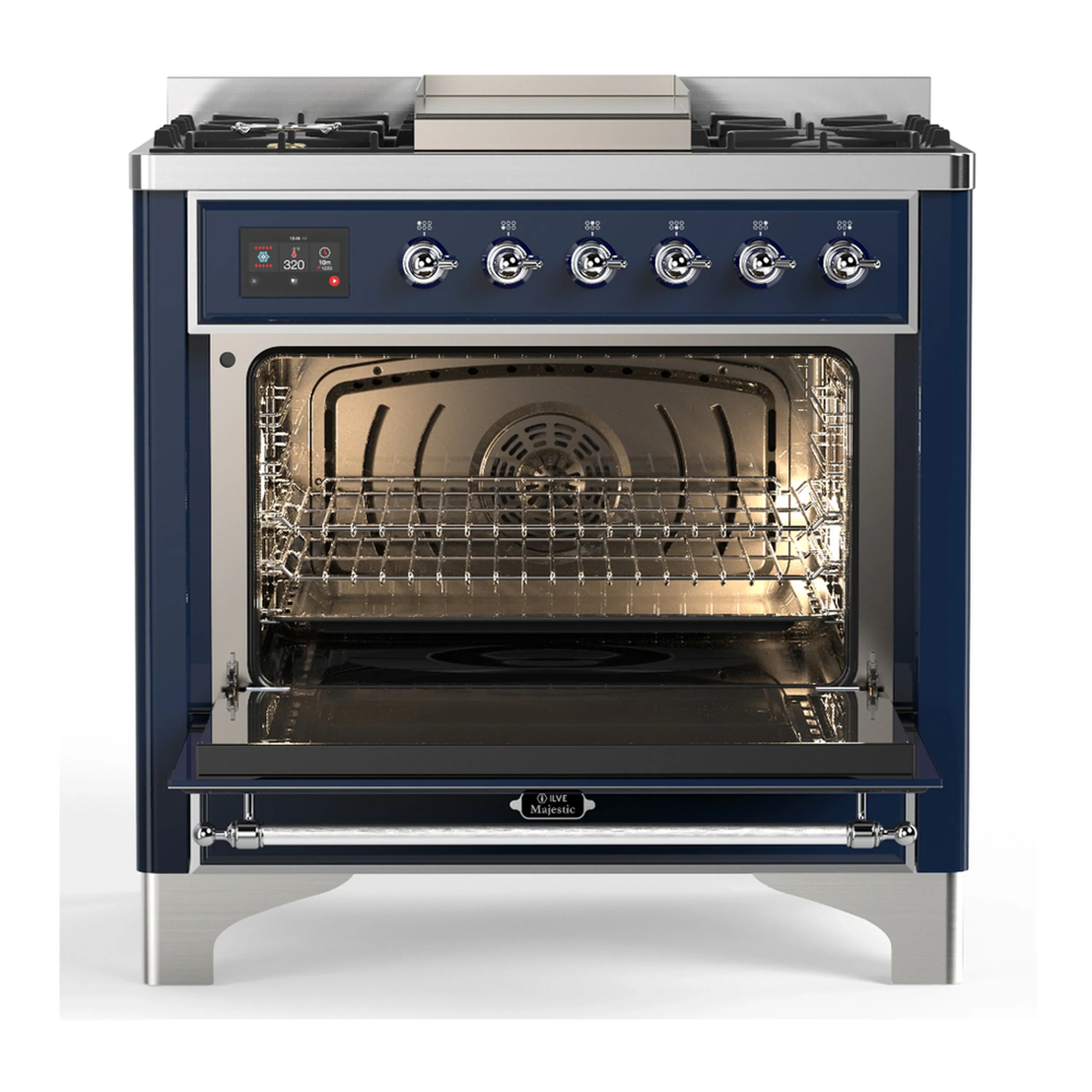 ILVE Majestic III 36-inch Dual Fuel Range with 6 Natural Gas Burner, Griddle and Solid Door Electric Oven in Midnight Blue with Chrome Trim (UM36FQNR3MBC) - Image 4