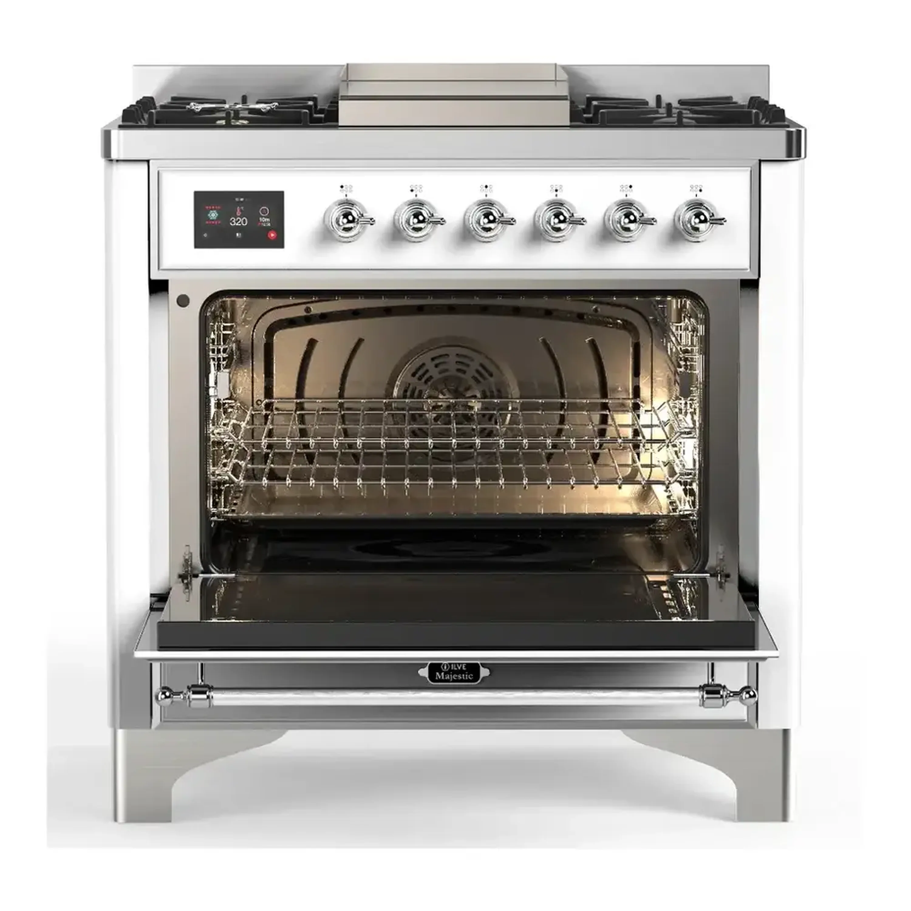 ILVE Majestic III 36-inch Dual Fuel Range with 5 Liquid Propane Burner, Griddle and Triple Glass Door Electric Oven in RAL with Chrome Trim (UM36FNR3RACLP) - Image 3