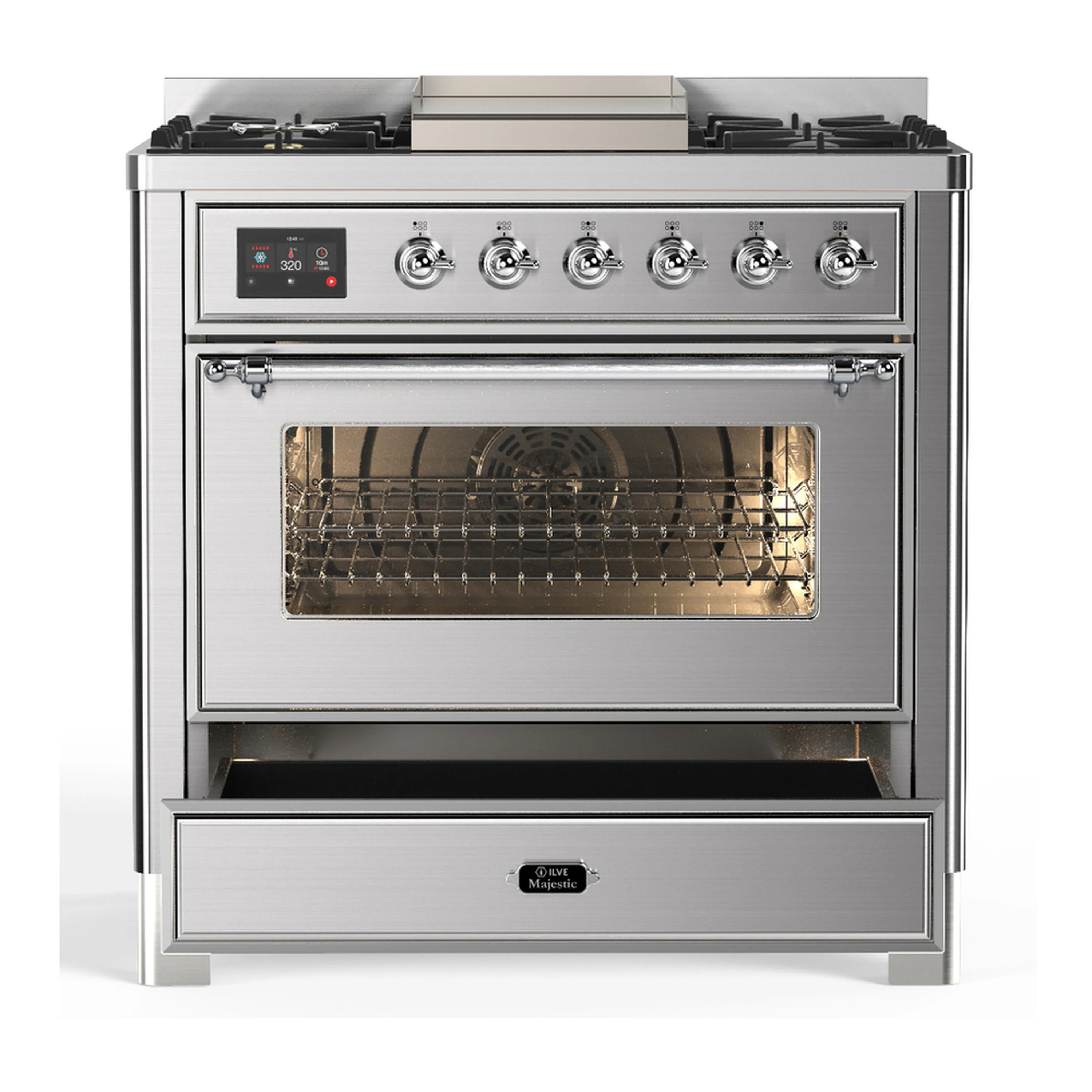 ILVE Majestic III 36-inch Dual Fuel Range with 6 Natural Gas Burner, Griddle and Triple Glass Door Electric Oven in Stainless Steel with Chrome Trim (UM36FNR3SSC) - Image 3