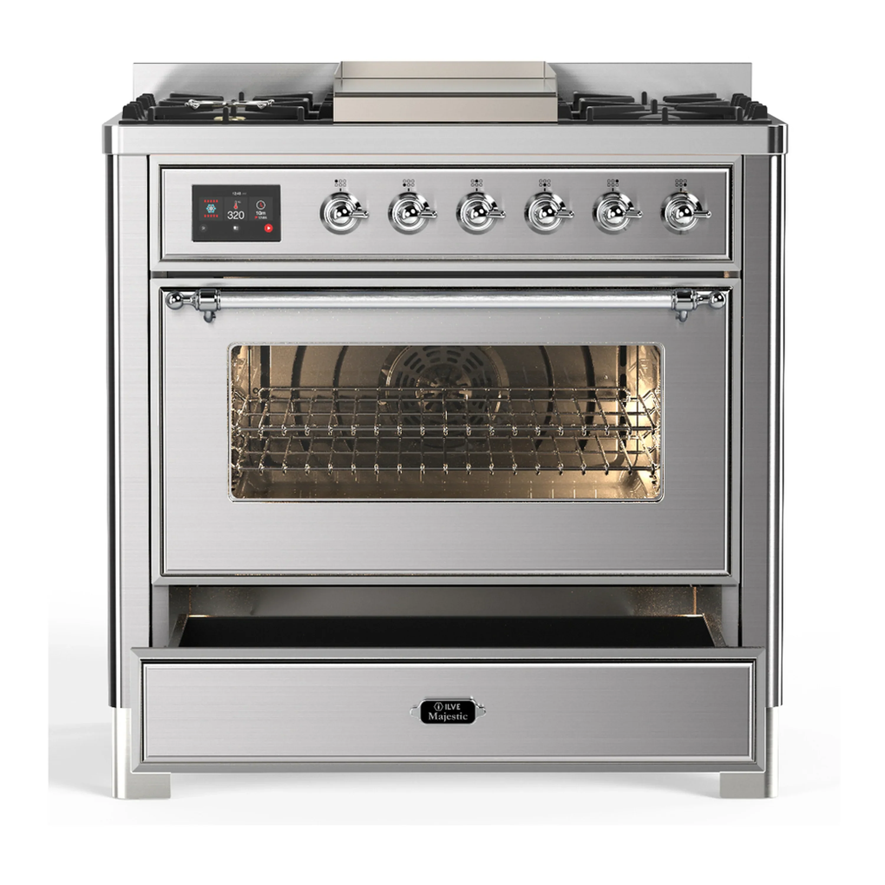 ILVE Majestic III 36-inch Dual Fuel Range with 5 Liquid Propane Burner, Griddle and Triple Glass Door Electric Oven in Stainless Steel with Chrome Trim (UM36FNR3SSCLP) - Image 3