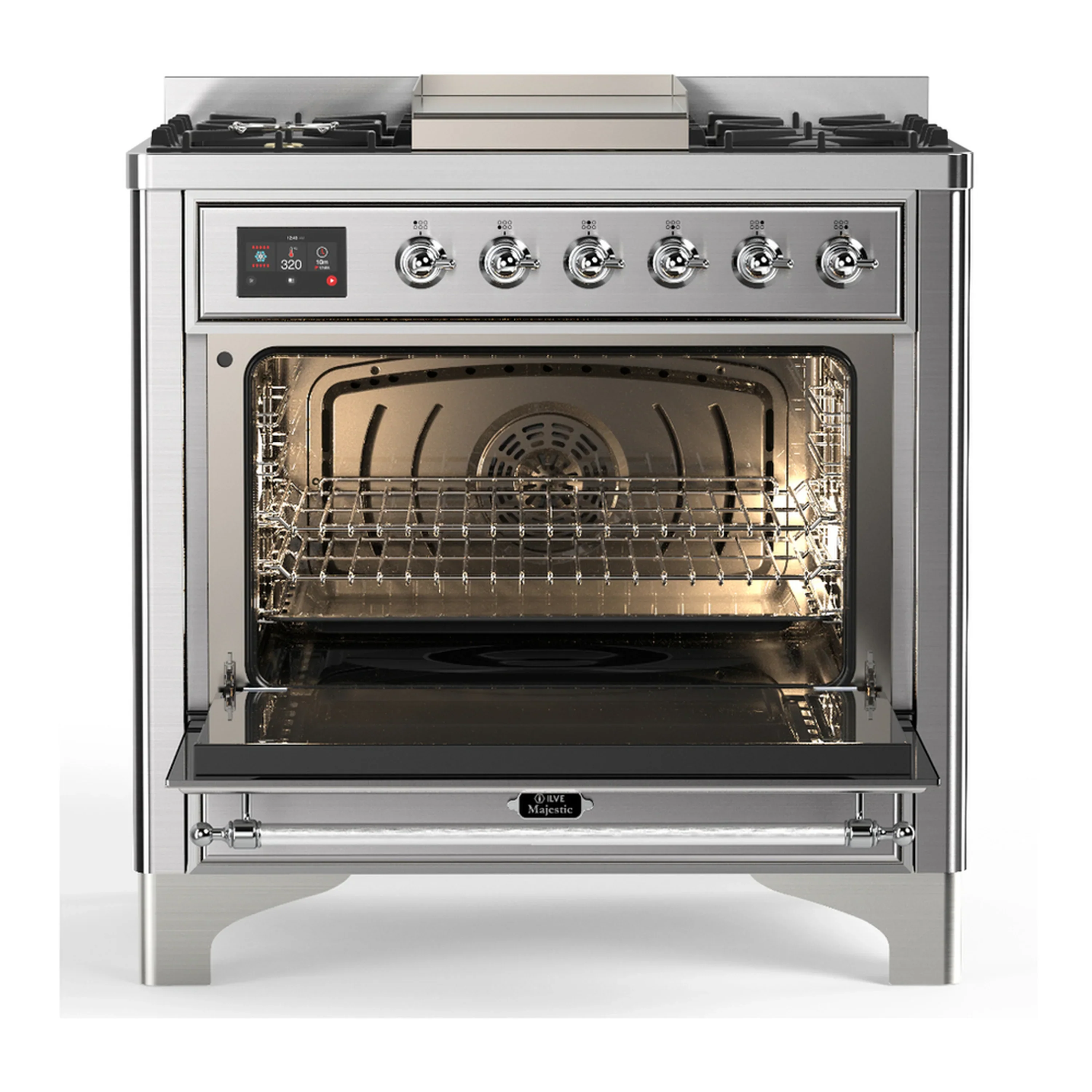 ILVE Majestic III 36-inch Dual Fuel Range with 5 Liquid Propane Burner, Griddle and Triple Glass Door Electric Oven in Stainless Steel with Chrome Trim (UM36FNR3SSCLP) - Image 4