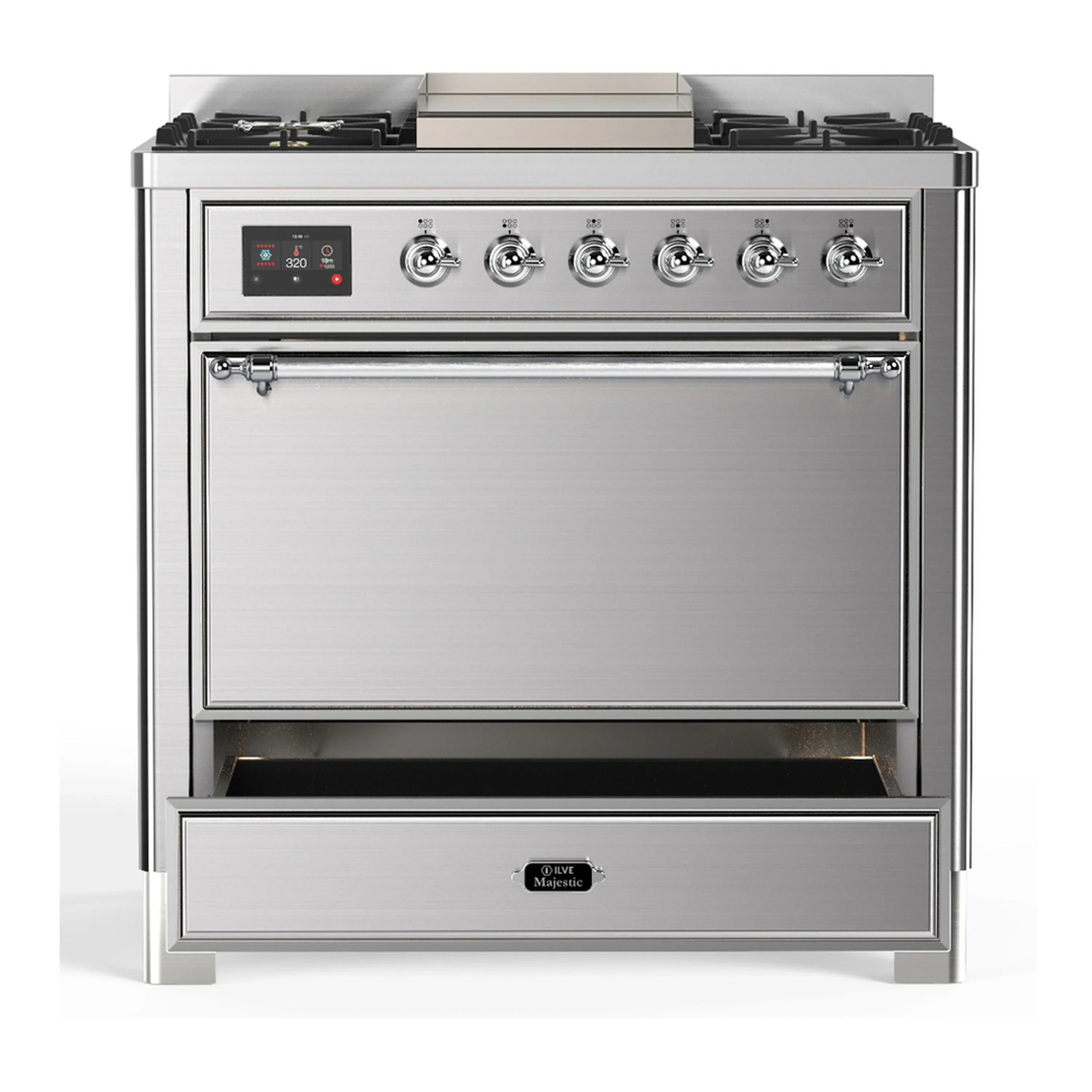 ILVE Majestic III 36-inch Dual Fuel Range with 5 Liquid Propane Burner, Griddle and Solid Door Electric Oven in Stainless Steel with Chrome Trim (UM36FQNR3SSCLP) - Image 3