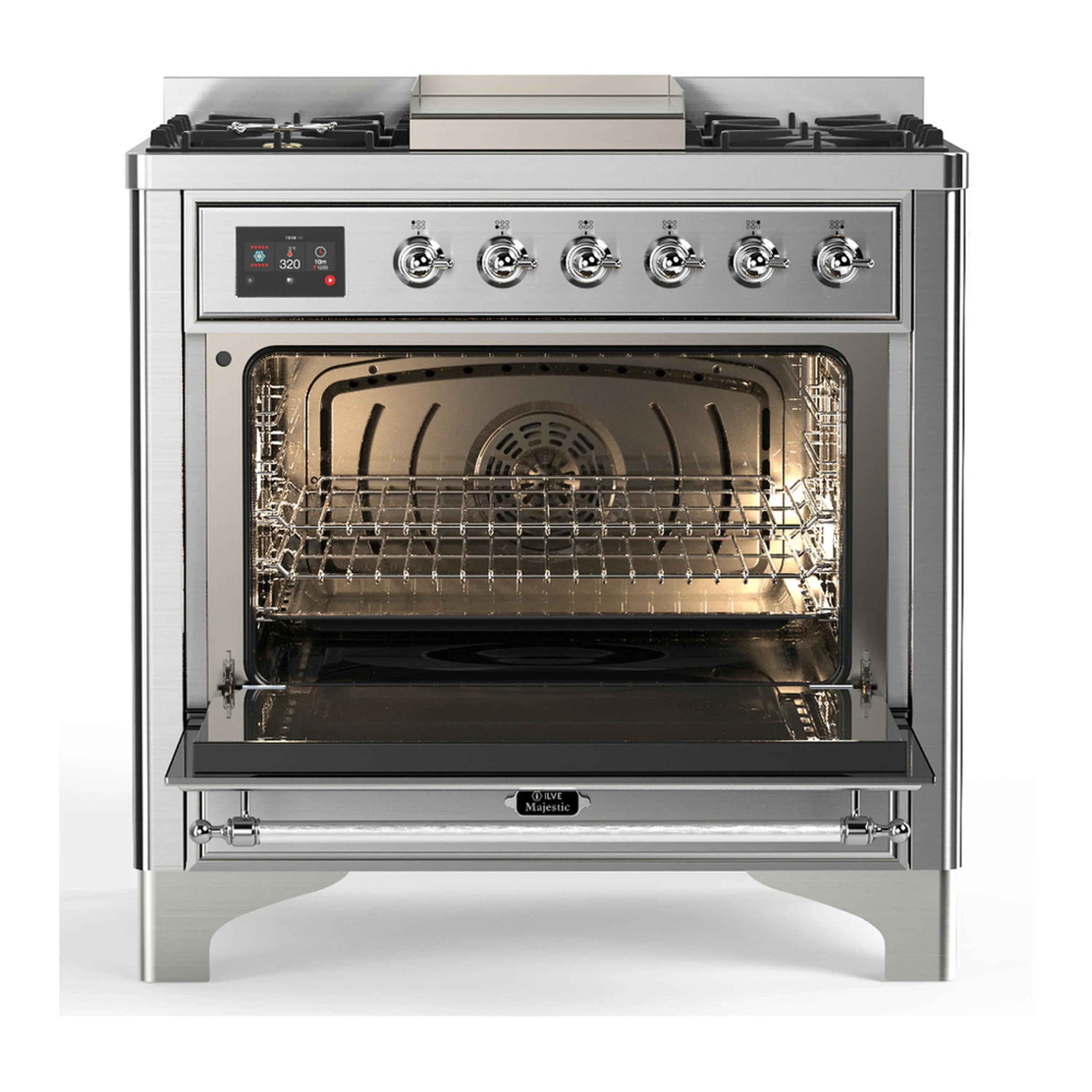 ILVE Majestic III 36-inch Dual Fuel Range with 5 Liquid Propane Burner, Griddle and Solid Door Electric Oven in Stainless Steel with Chrome Trim (UM36FQNR3SSCLP) - Image 4