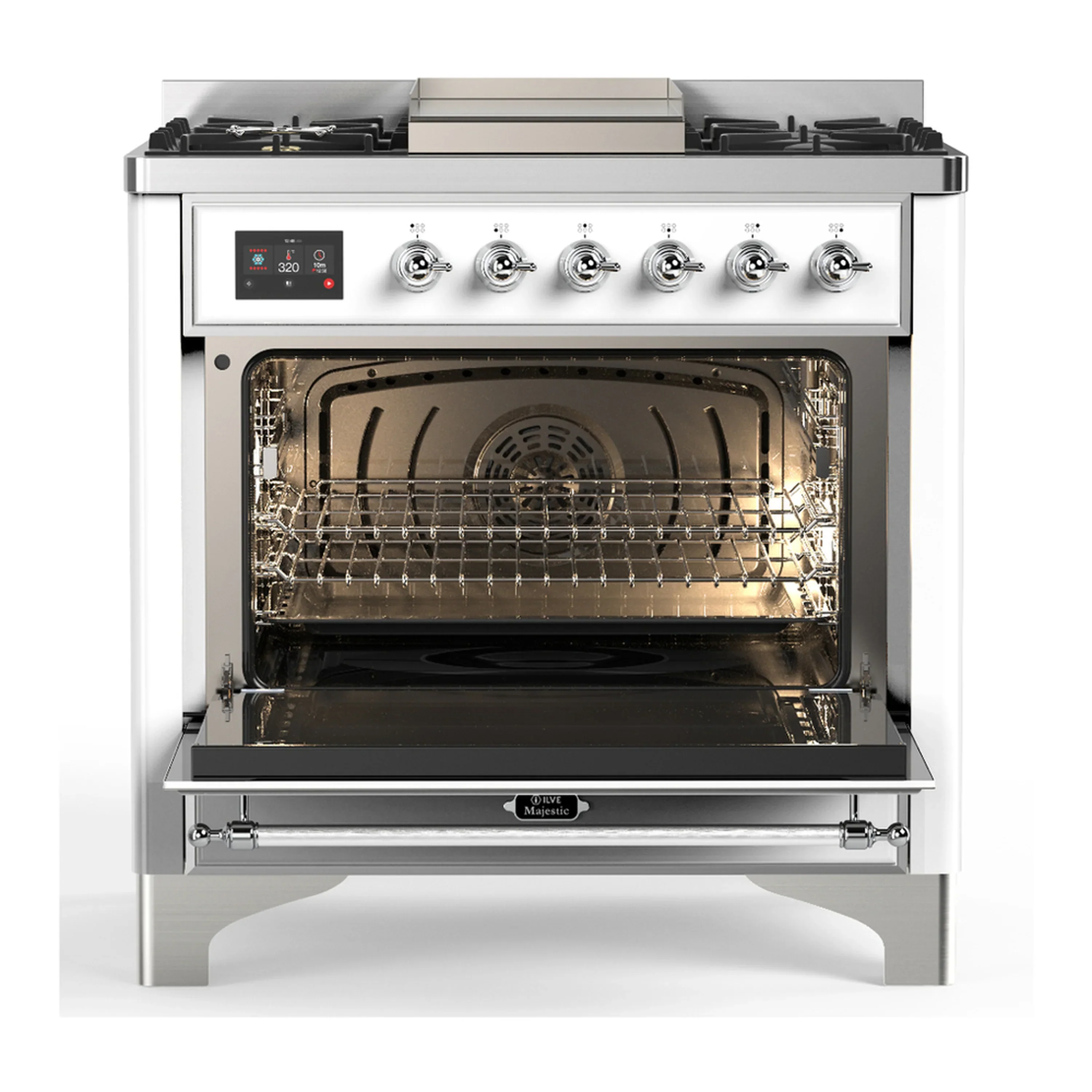 ILVE Majestic III 36-inch Dual Fuel Range with 6 Natural Gas Burner, Griddle and Triple Glass Door Electric Oven in White with Chrome Trim (UM36FNR3WHC) - Image 4