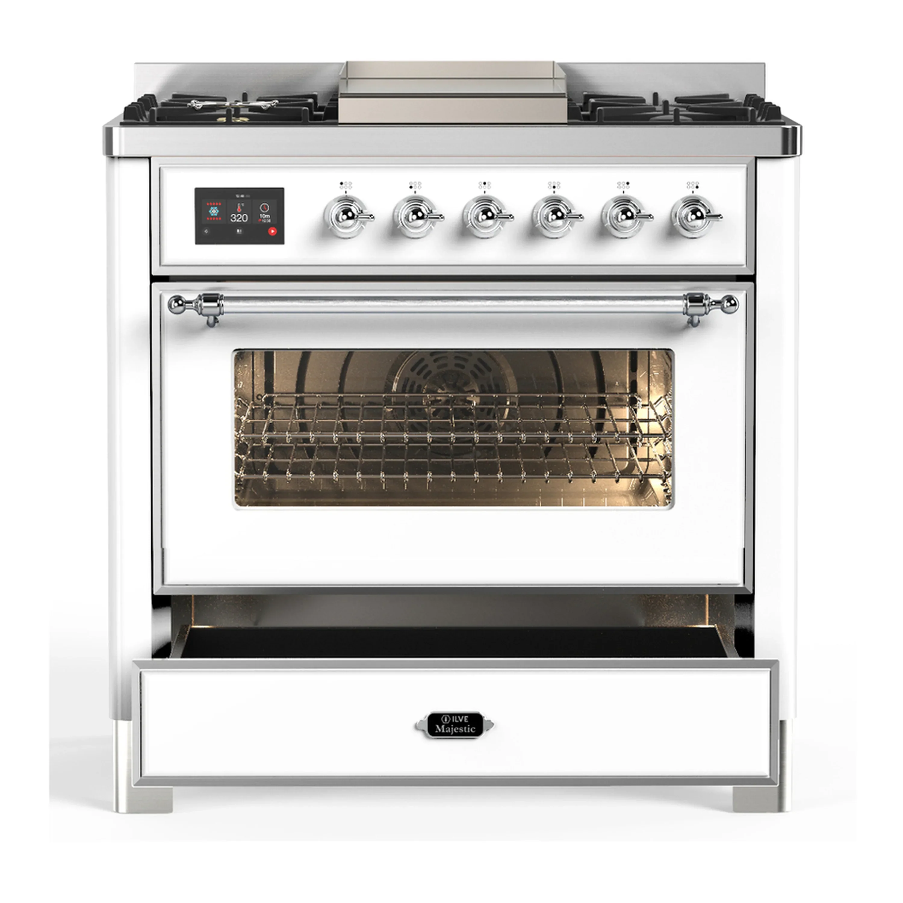 ILVE Majestic III 36-inch Dual Fuel Range with 5 Liquid Propane Burner, Griddle and Triple Glass Door Electric Oven in White with Chrome Trim (UM36FNR3WHCLP) - Image 3
