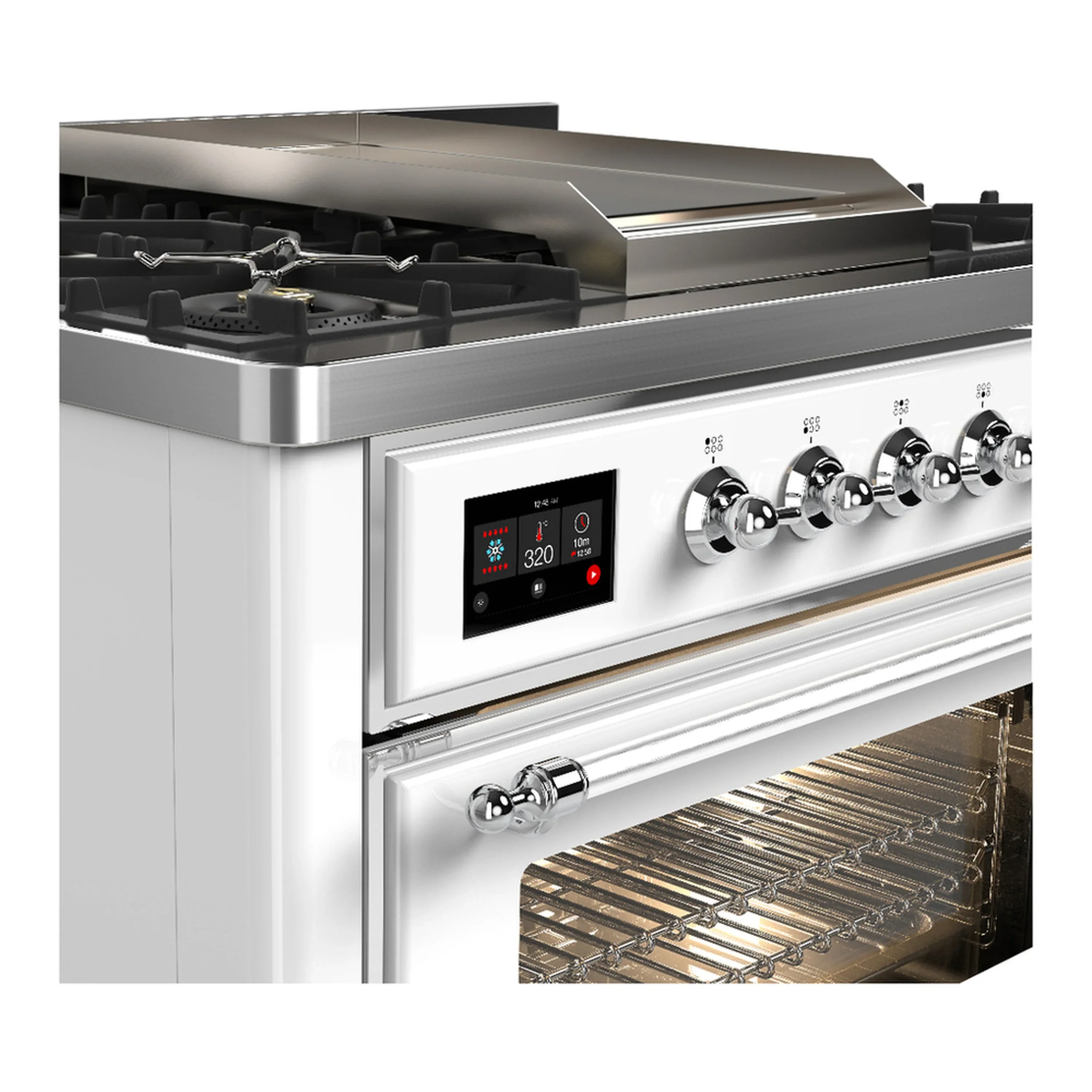 ILVE Majestic III 36-inch Dual Fuel Range with 5 Liquid Propane Burner, Griddle and Triple Glass Door Electric Oven in White with Chrome Trim (UM36FNR3WHCLP) - Image 5