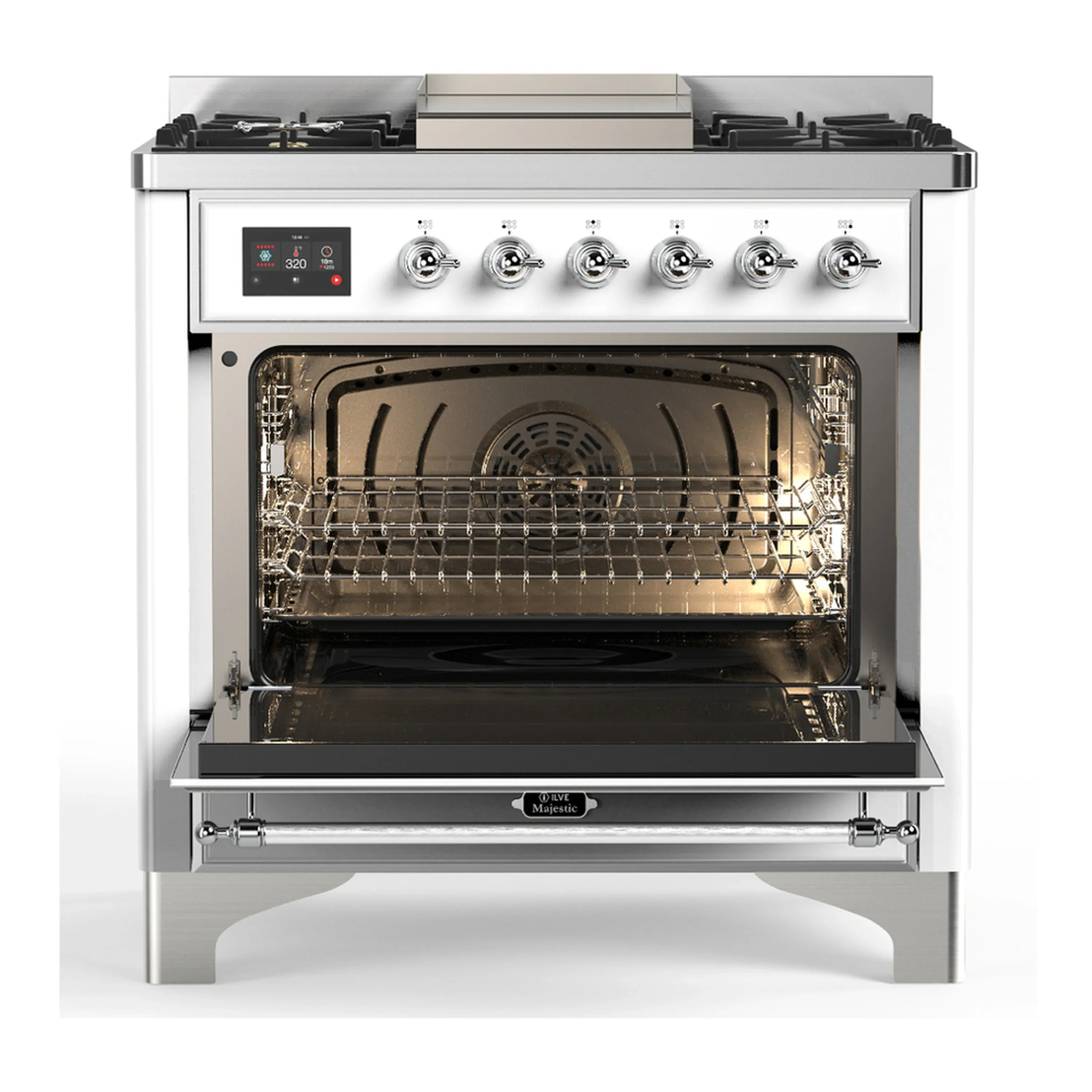 ILVE Majestic III 36-inch Dual Fuel Range with 6 Natural Gas Burner, Griddle and Solid Door Electric Oven in White with Chrome Trim (UM36FQNR3WHC) - Image 4