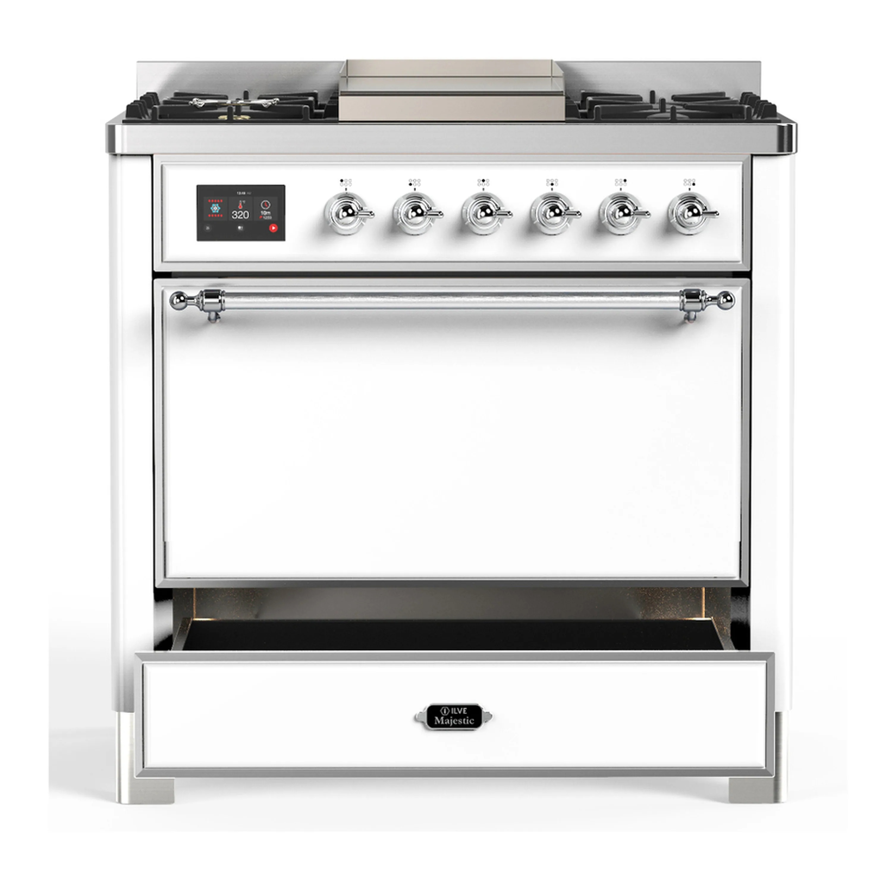 ILVE Majestic III 36-inch Dual Fuel Range with 5 Liquid Propane Burner, Griddle and Solid Door Electric Oven in White with Chrome Trim (UM36FQNR3WHCLP) - Image 3