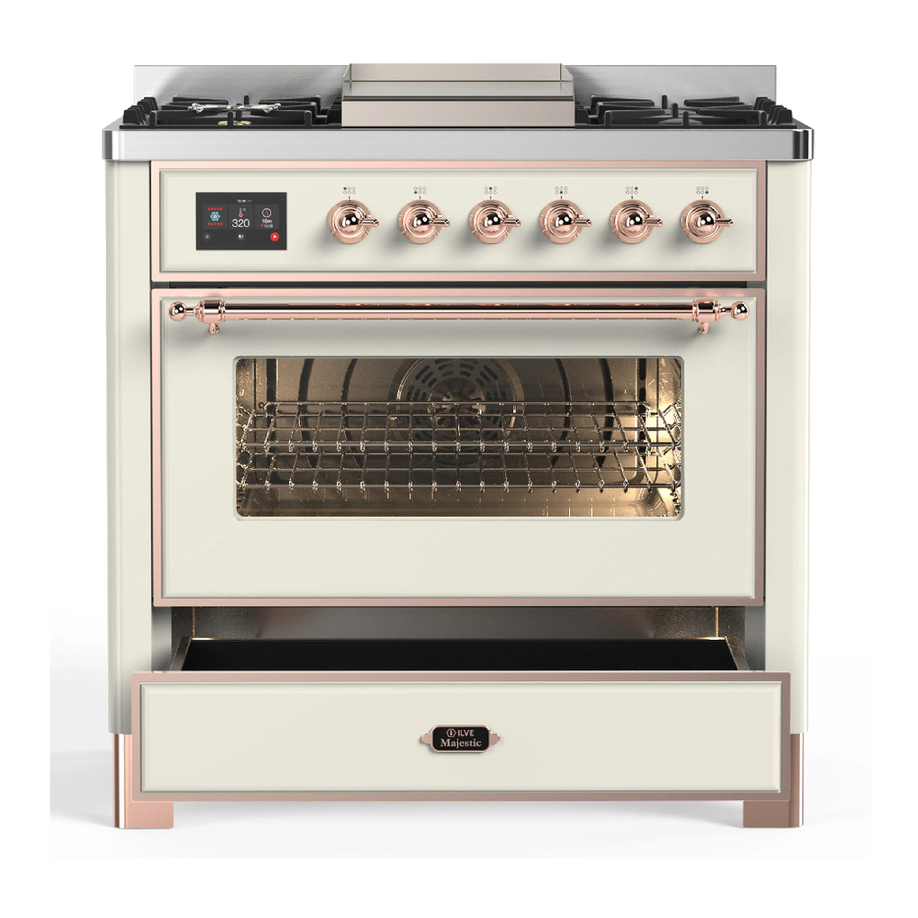 ILVE Majestic III 36-inch Dual Fuel Range with 5 Liquid Propane Burner, Griddle and Triple Glass Door Electric Oven in Antique White with Copper Trim (UM36FNR3AWPLP) - Image 3