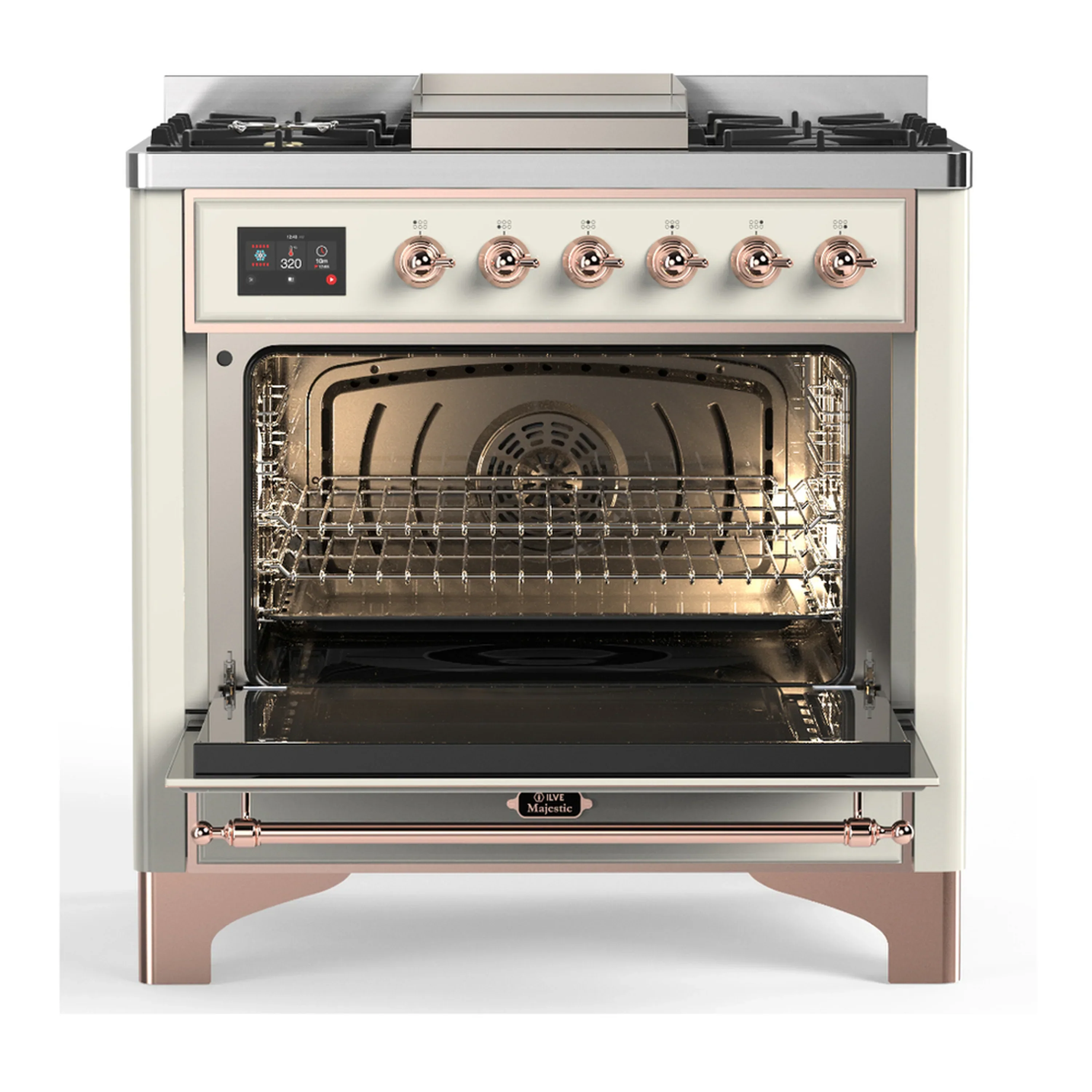 ILVE Majestic III 36-inch Dual Fuel Range with 5 Liquid Propane Burner, Griddle and Triple Glass Door Electric Oven in Antique White with Copper Trim (UM36FNR3AWPLP) - Image 4