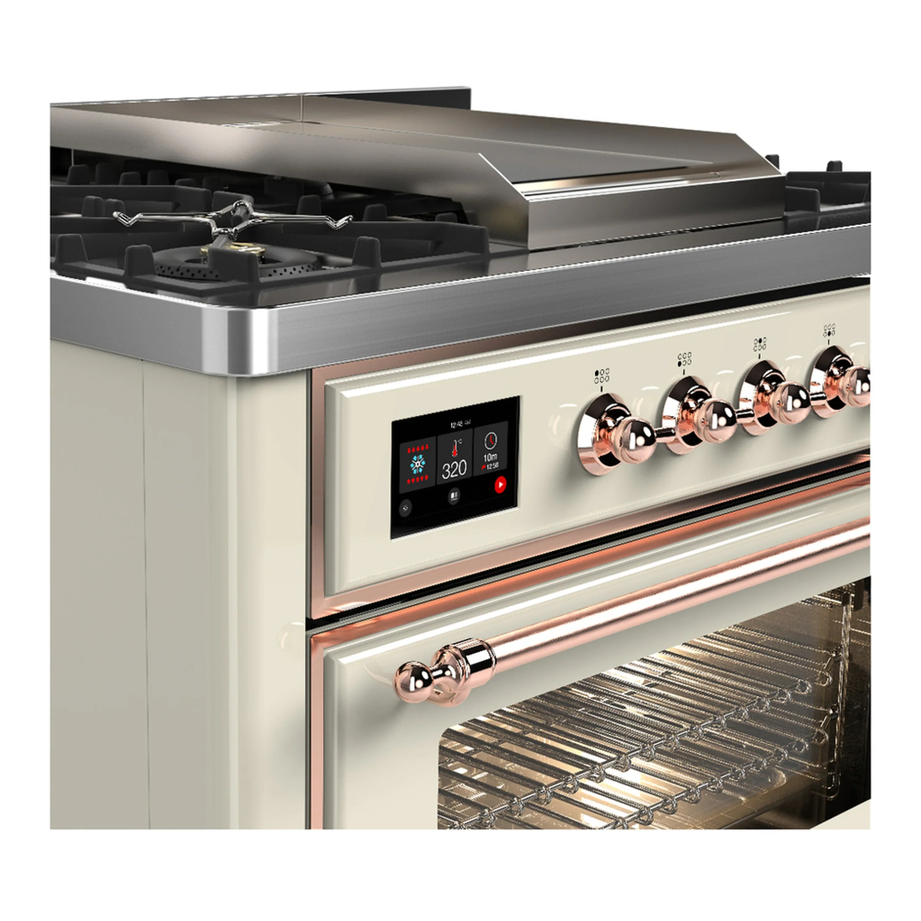 ILVE Majestic III 36-inch Dual Fuel Range with 5 Liquid Propane Burner, Griddle and Triple Glass Door Electric Oven in Antique White with Copper Trim (UM36FNR3AWPLP) - Image 5