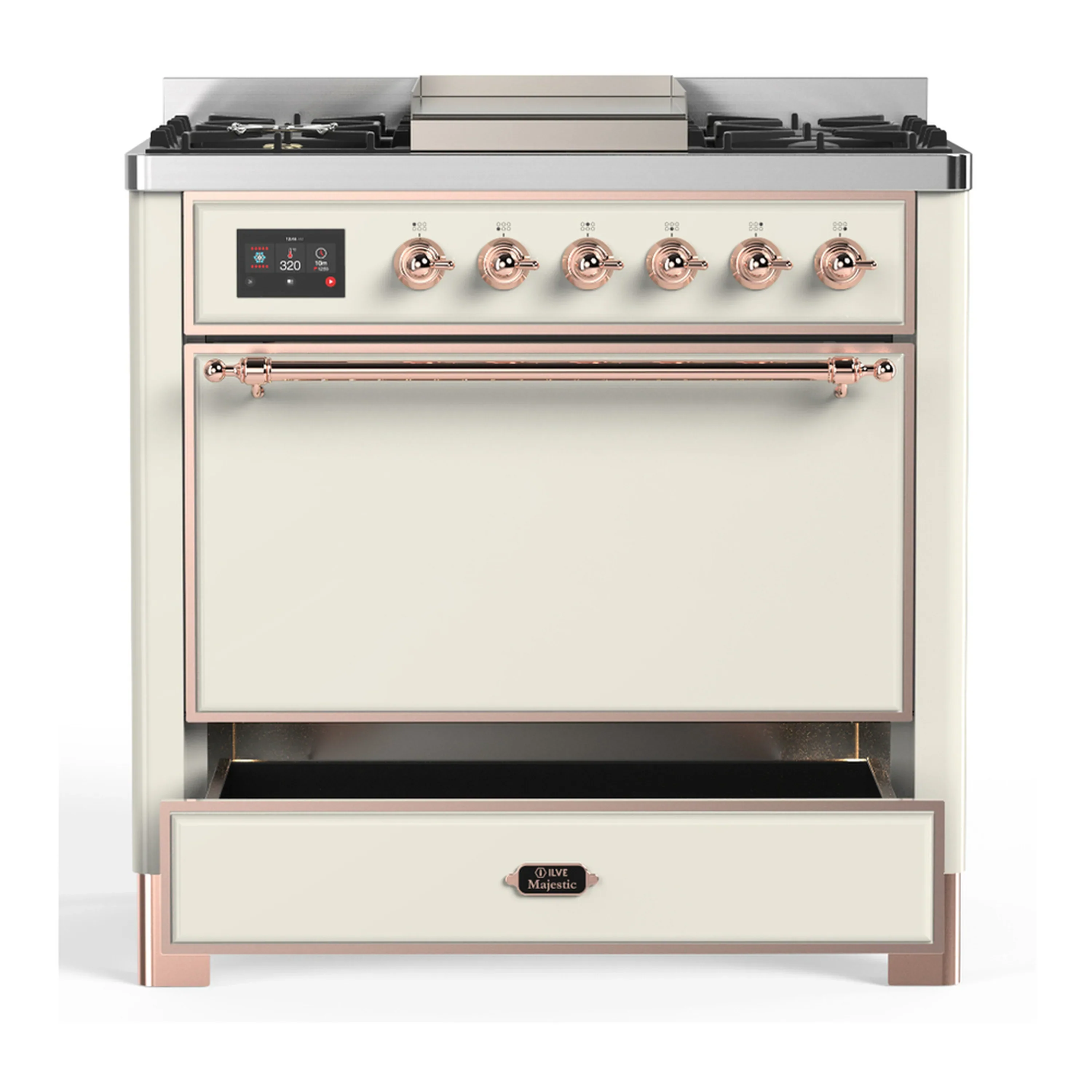 ILVE Majestic III 36-inch Dual Fuel Range with 5 Liquid Propane Burner, Griddle and Solid Door Electric Oven in Antique White with Copper Trim (UM36FQNR3AWPLP) - Image 3