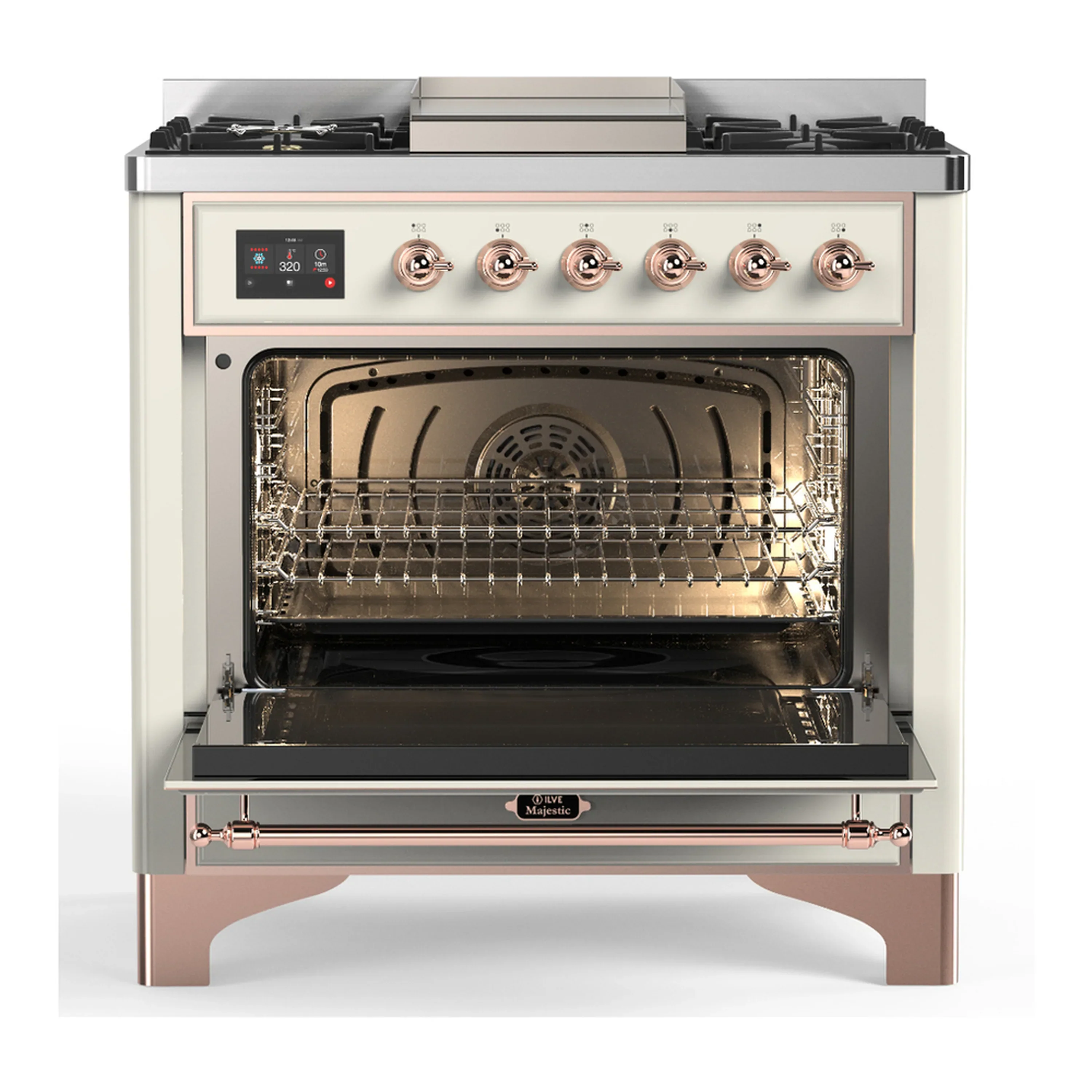 ILVE Majestic III 36-inch Dual Fuel Range with 5 Liquid Propane Burner, Griddle and Solid Door Electric Oven in Antique White with Copper Trim (UM36FQNR3AWPLP) - Image 4