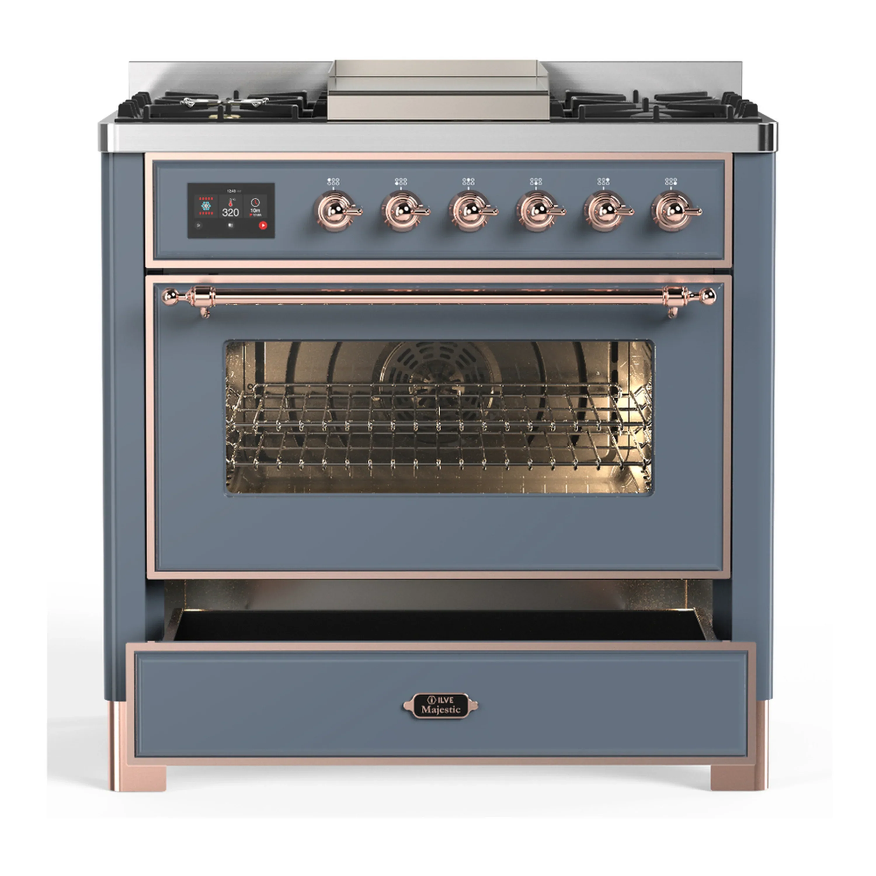 ILVE Majestic III 36-inch Dual Fuel Range with 6 Natural Gas Burner, Griddle and Triple Glass Door Electric Oven in Blue Grey with Copper Trim (UM36FNR3BGP) - Image 3