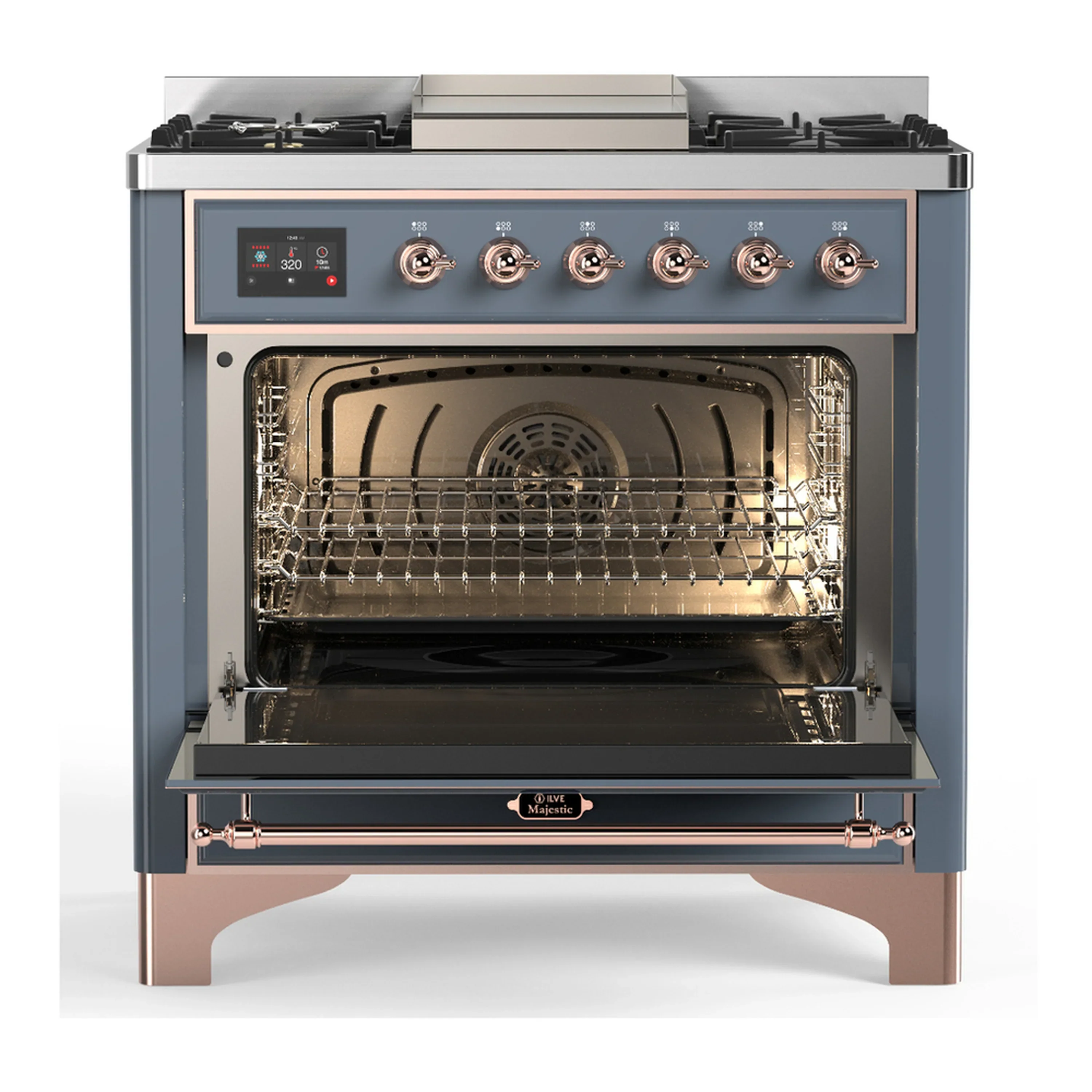ILVE Majestic III 36-inch Dual Fuel Range with 5 Liquid Propane Burner, Griddle and Triple Glass Door Electric Oven in Blue Grey with Copper Trim (UM36FNR3BGPLP) - Image 4