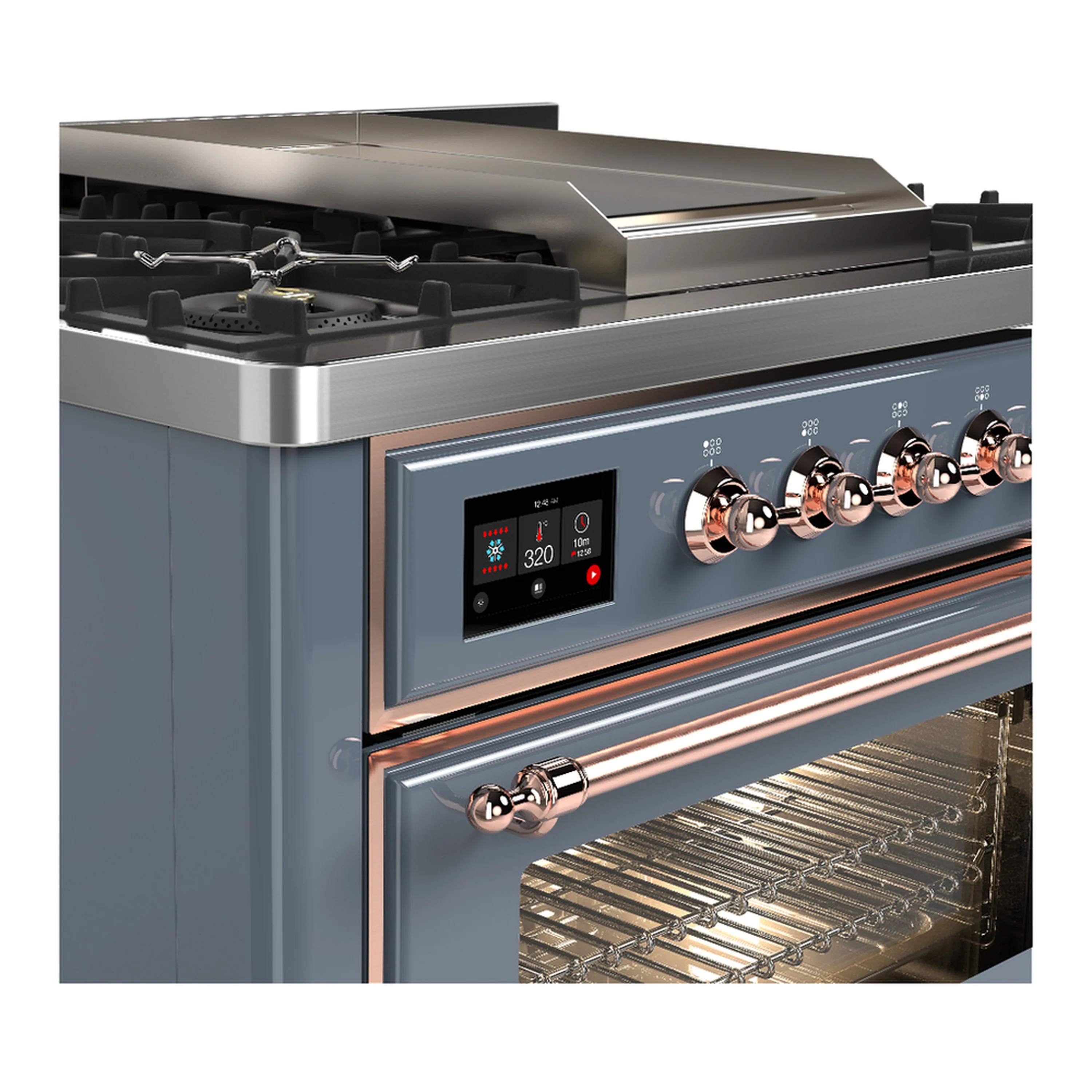 ILVE Majestic III 36-inch Dual Fuel Range with 5 Liquid Propane Burner, Griddle and Triple Glass Door Electric Oven in Blue Grey with Copper Trim (UM36FNR3BGPLP) - Image 5