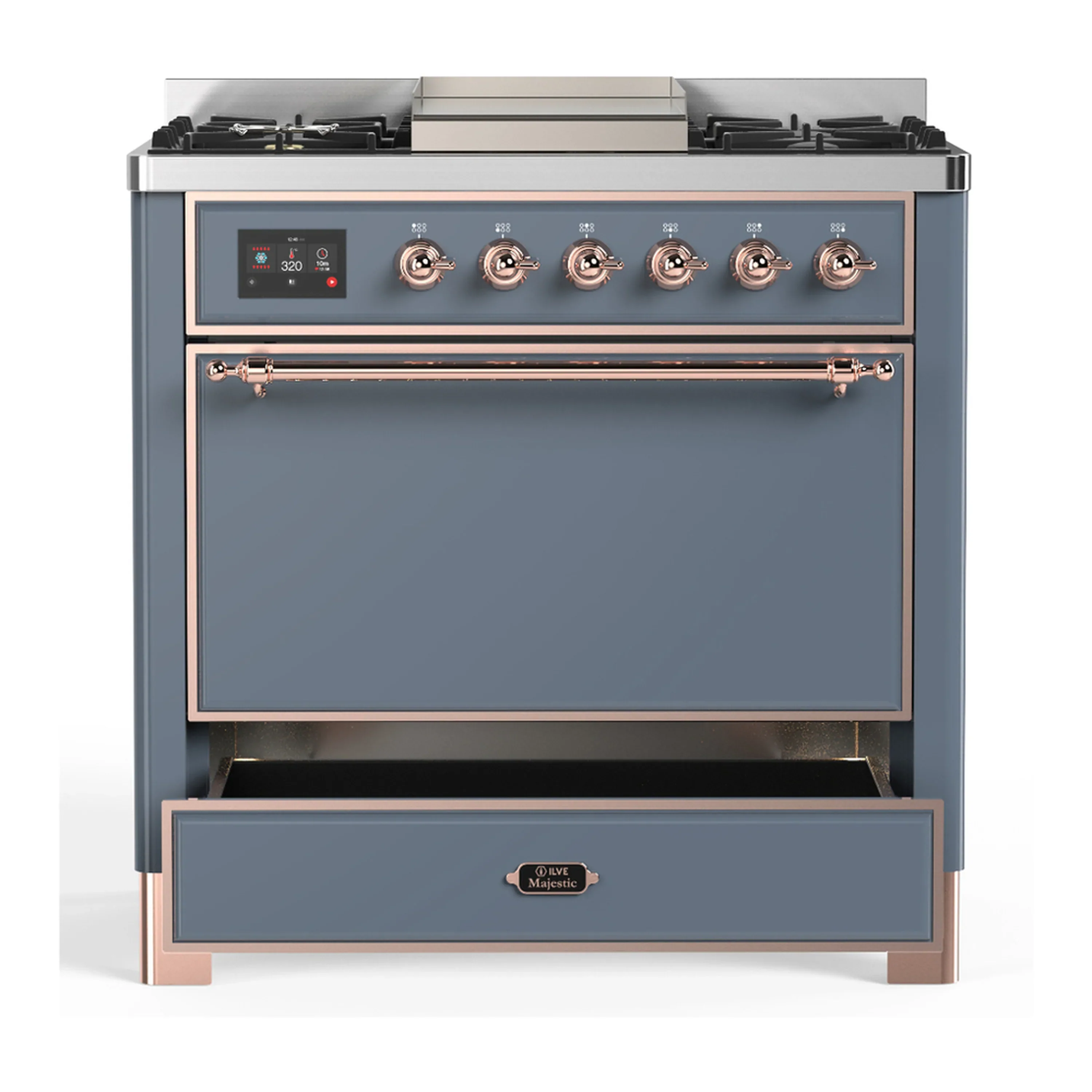ILVE Majestic III 36-inch Dual Fuel Range with 6 Natural Gas Burner, Griddle and Solid Door Electric Oven in Blue Grey with Copper Trim (UM36FQNR3BGP) - Image 3