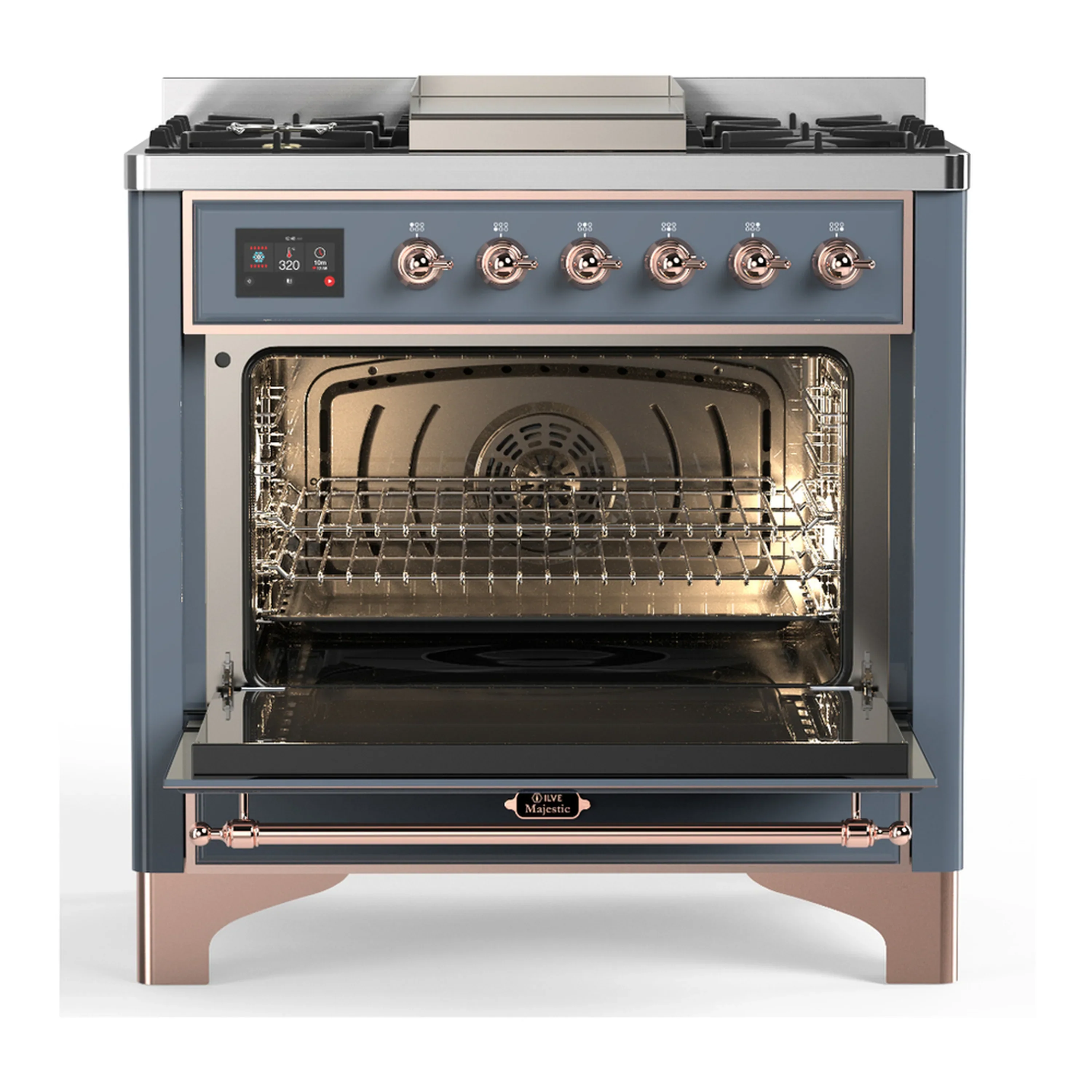 ILVE Majestic III 36-inch Dual Fuel Range with 6 Natural Gas Burner, Griddle and Solid Door Electric Oven in Blue Grey with Copper Trim (UM36FQNR3BGP) - Image 4