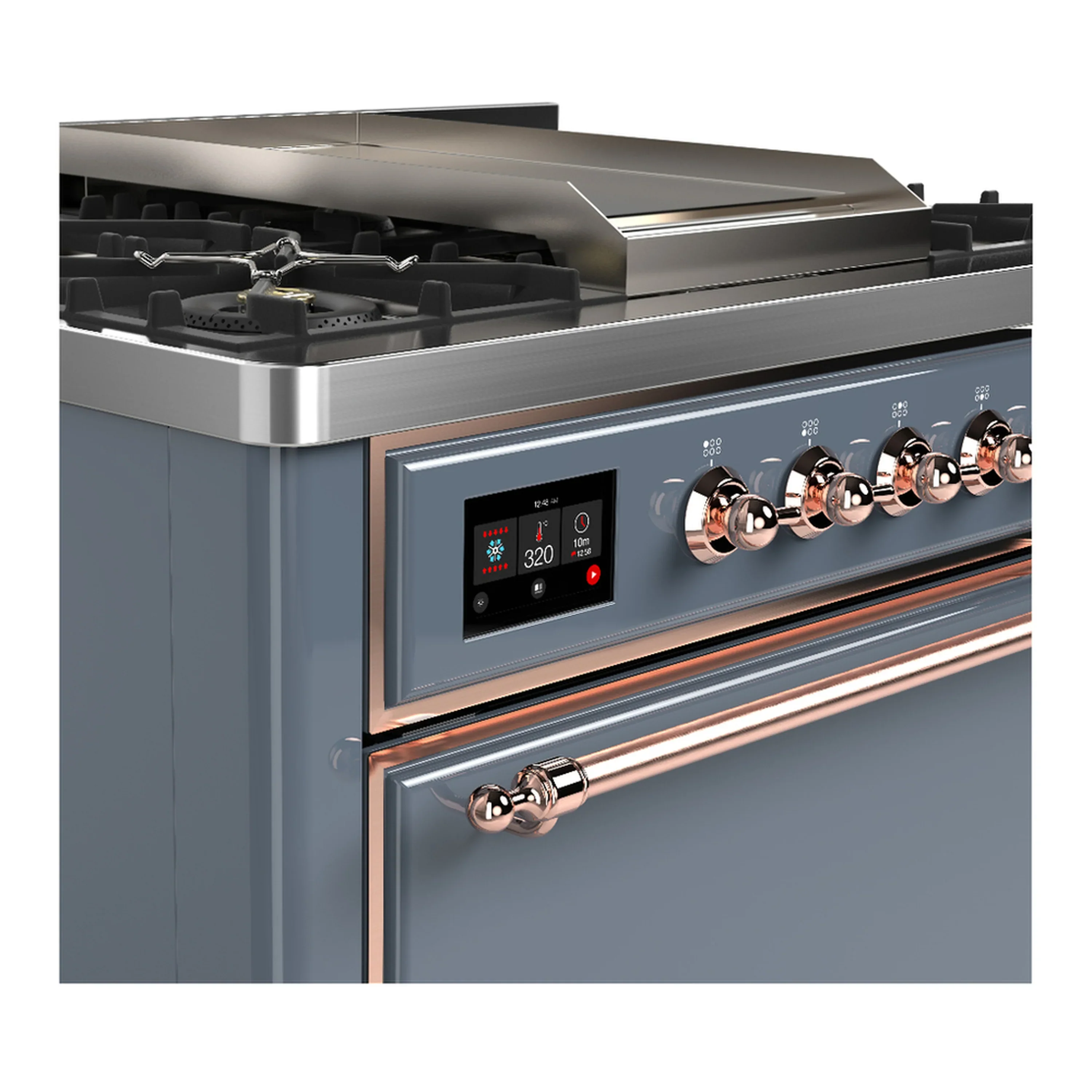 ILVE Majestic III 36-inch Dual Fuel Range with 6 Natural Gas Burner, Griddle and Solid Door Electric Oven in Blue Grey with Copper Trim (UM36FQNR3BGP) - Image 5