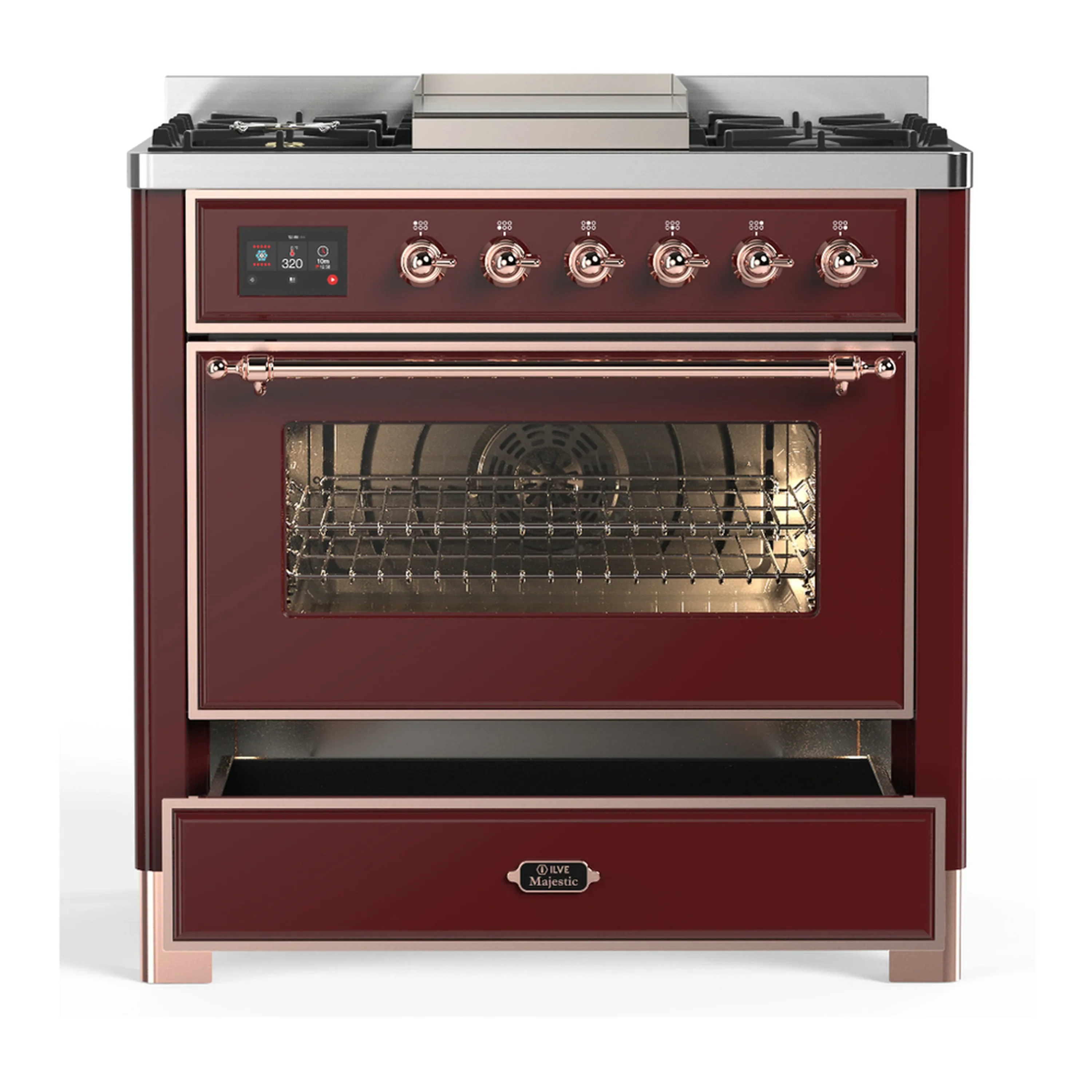 ILVE Majestic III 36-inch Dual Fuel Range with 6 Natural Gas Burner, Griddle and Triple Glass Door Electric Oven in Burgundy with Copper Trim (UM36FNR3BUP) - Image 3